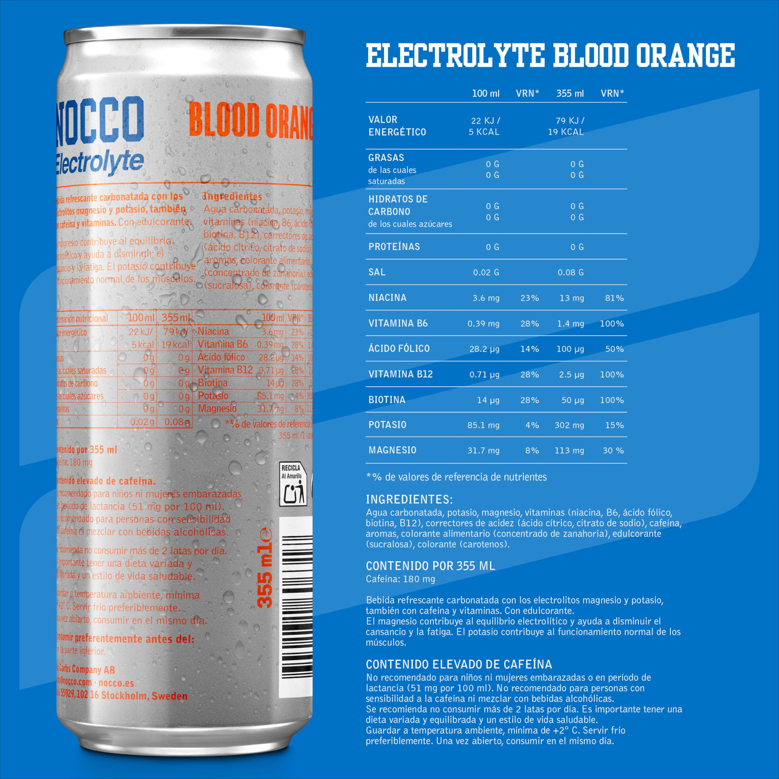 NOCCO Electrolyte Bebida Energética – con Magnesio y Potasio, 180 mg Cafeína, Sin Azúcar, con Vitaminas – 24 x 330 ml (Blood Orange)