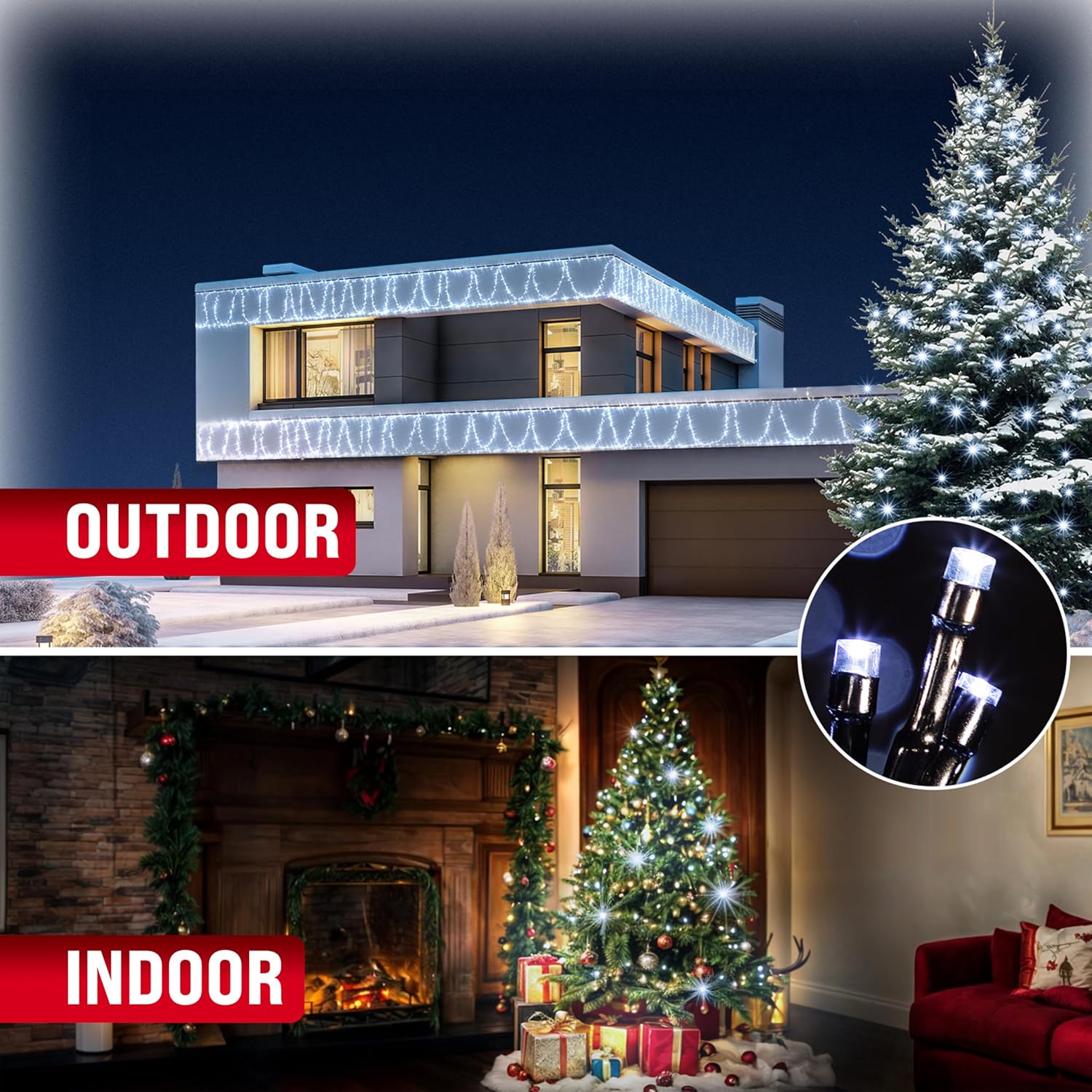Examples of indoor and outdoor use of LED string lights