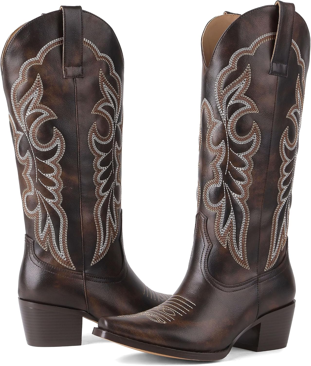 Mid Calf Cowboy Boots for Women Leather Chunky Heel Western Cowgirl Boots Side Zipper Snip Toe Fashion Vintage Style