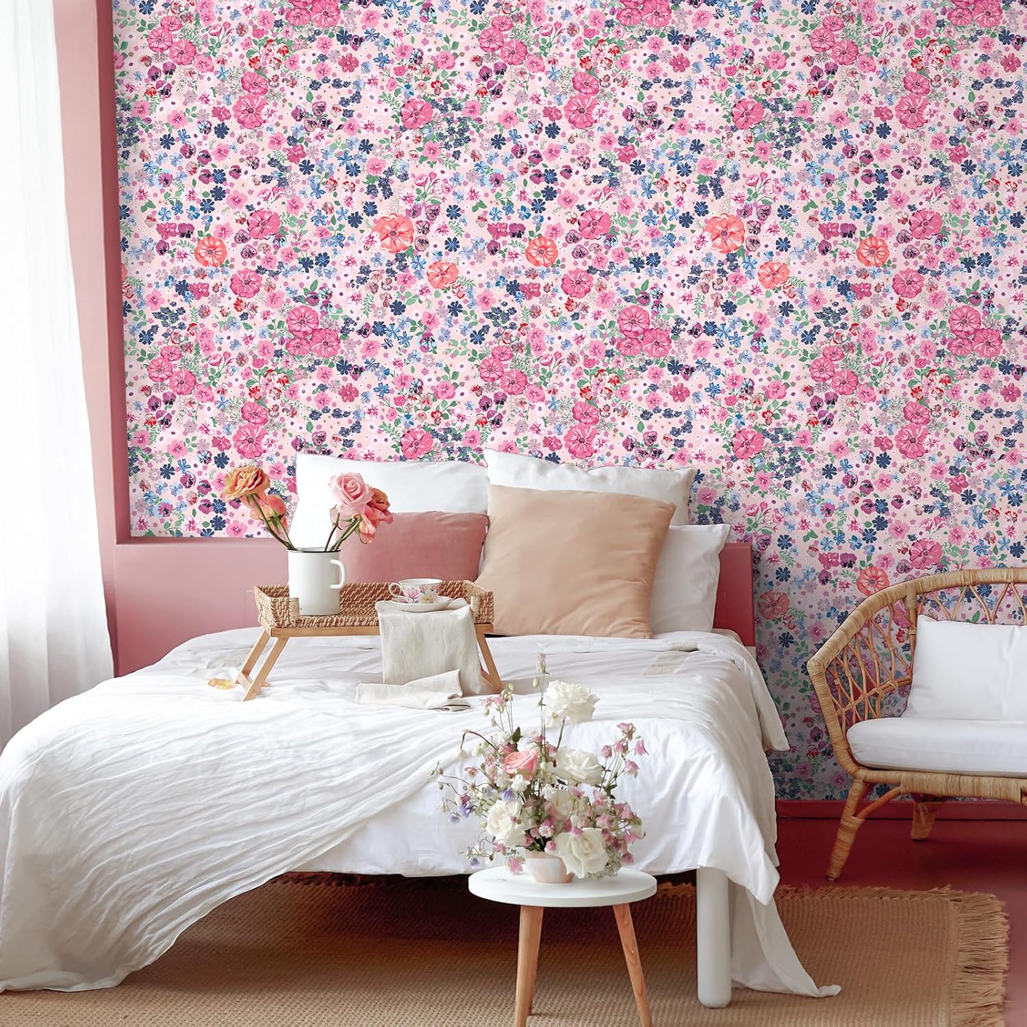 VEELIKE Pink Meadows Floral Peel and Stick Wallpaper Boho Pink Floral Wallpaper for Bedroom Nursery Girls Room 17.7''x354'' Vintage Floral Contact Paper Adhesive Removable Wall Paper for Bathroom