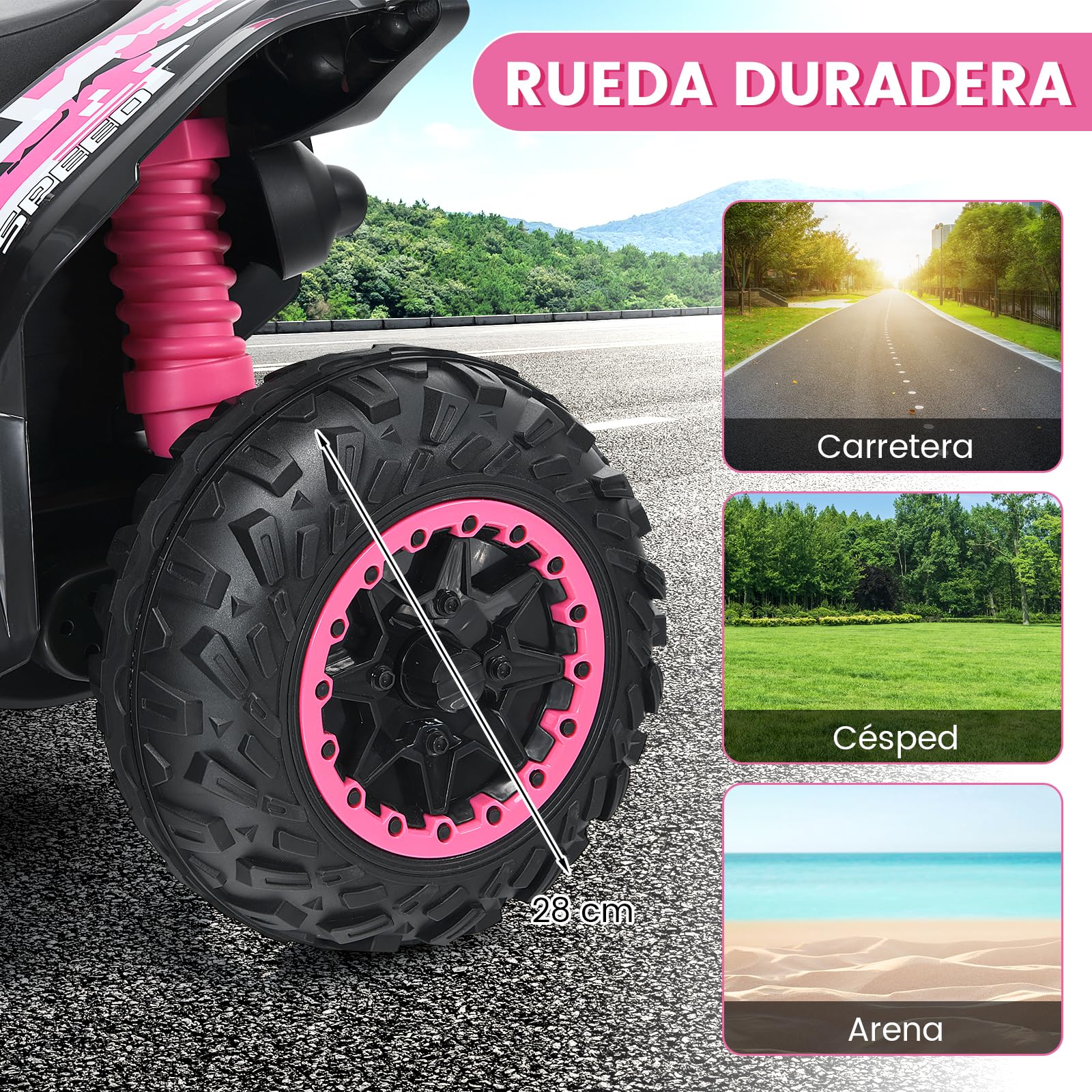 RELAX4LIFE Quad Eléctrico para Niños 12V 2,2-4,3km/h Velocidad Ajustable Faro LED Bocina Música Carga 35kg Rosa