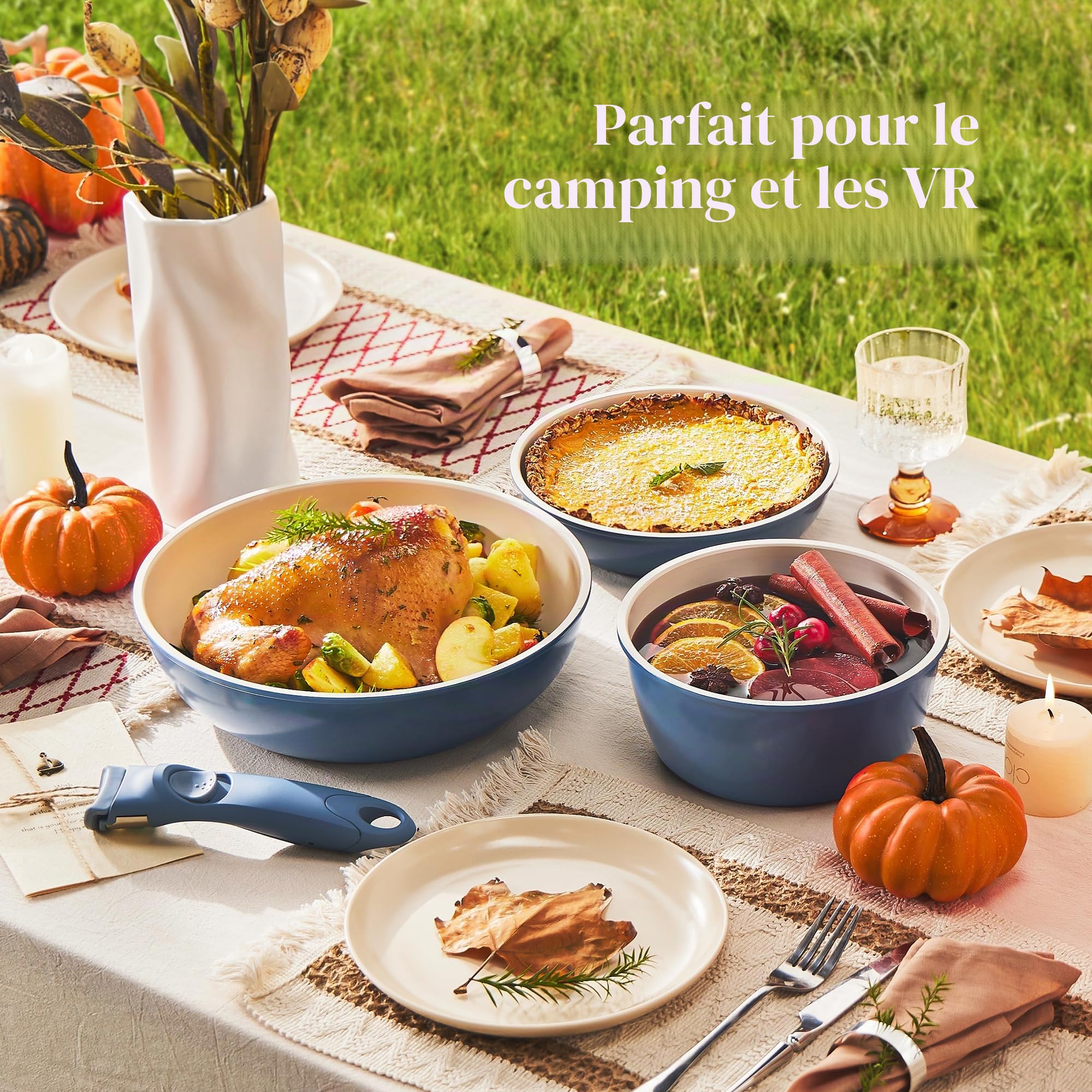Redchef Ensemble de casseroles et poêles antiadhésives en céramique 16 pièces avec poignée amovible, batterie de cuisine non toxique, sans PFAS PFOA et PTFE, pour camping, passe au lave-vaisselle et