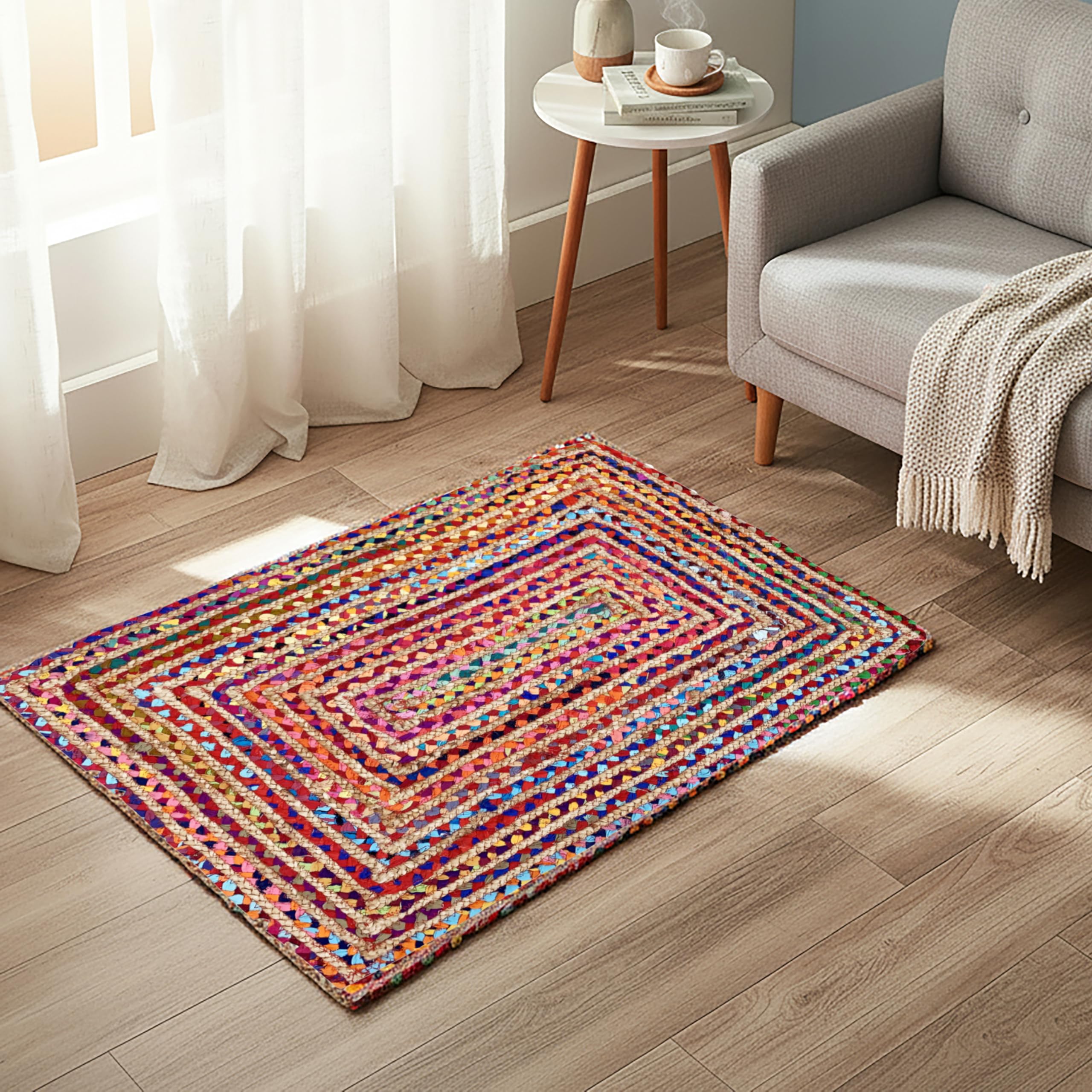 Ramanta Home Jute Chindi Braided Rug Boho 24x36 Inch Natural Multi Farmhouse Burlap Small Patio Rugs Ideal for Bedroom, Living Room, Entrance, Indoor|