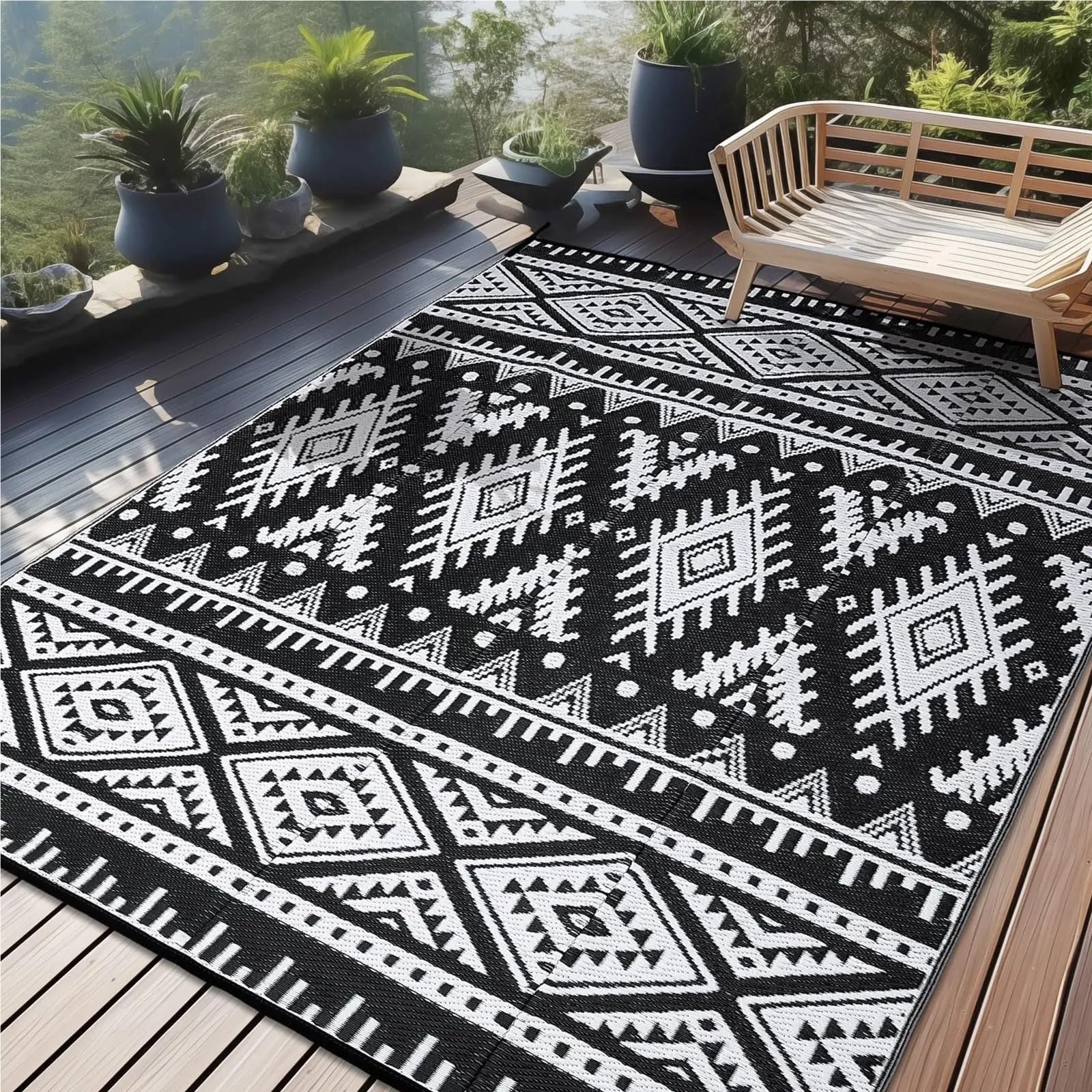 Dywan na zewnątrz, Dywaniki zewnętrzne na taras, kemping, piknik, balkon, do ogrodnictwa, kempingu(Black White,9X12inch(270x360cm))