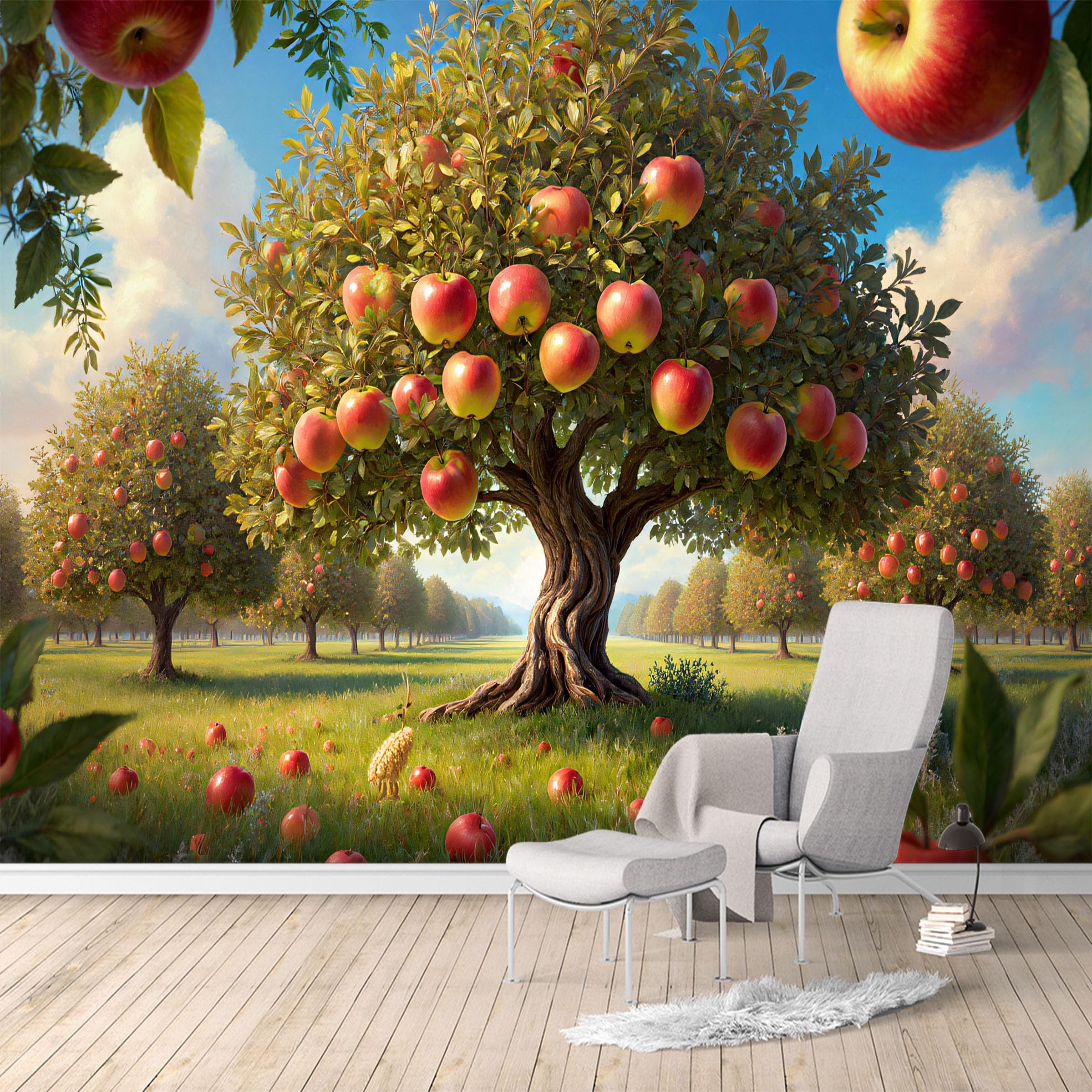 Custom Size Wall Murals, Apple Orchard Tree Landscape Autumn Harvest Nature, SelfAdhesive Water Activated Removable Wall Covering, Large Photo Wallpaper for Living Room Bedroom Office