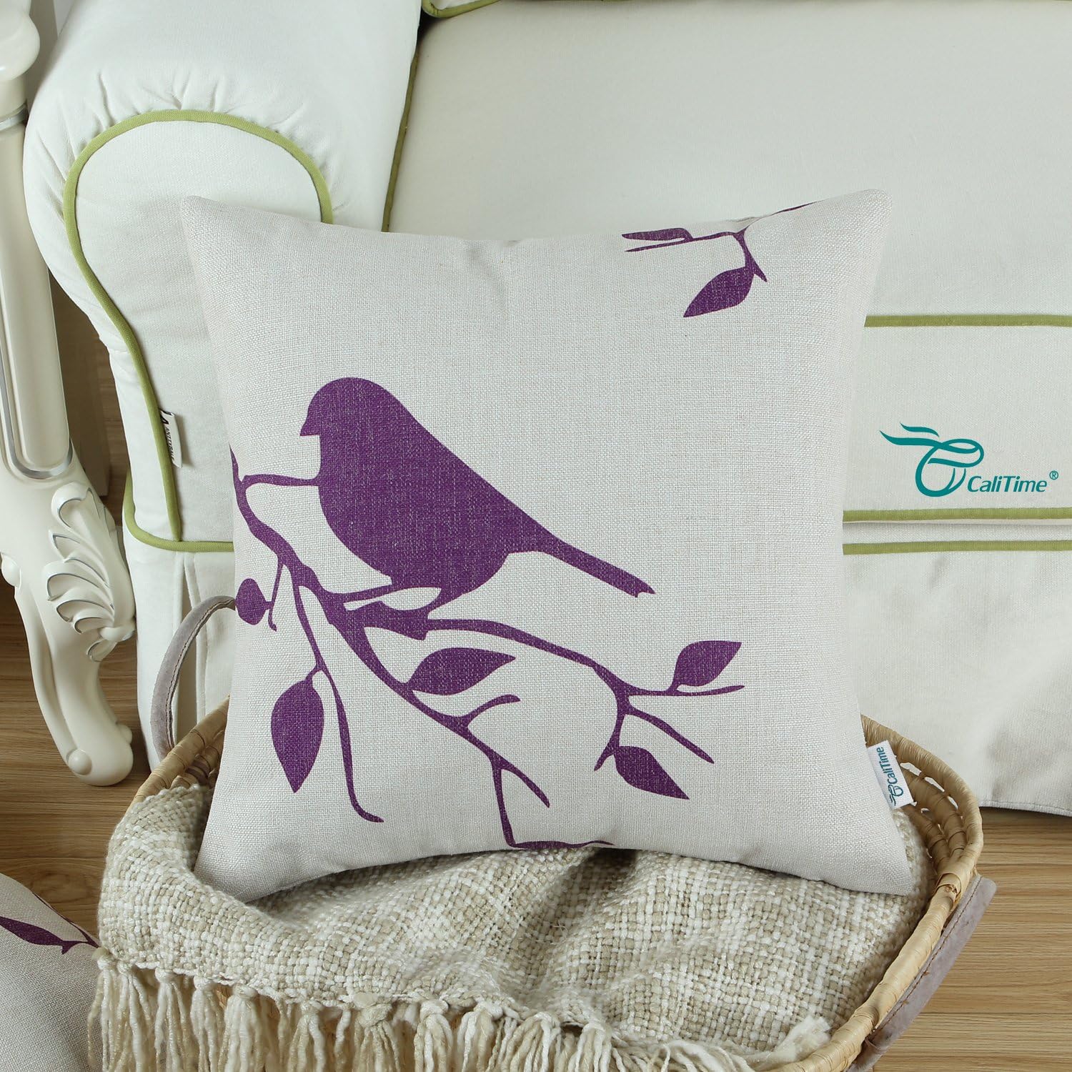 CaliTime Canvas Throw Pillow Cover Case for Couch Sofa Home Decoration Cute Bird Tree Branches Silhouette 18 X 18 Inches Purple