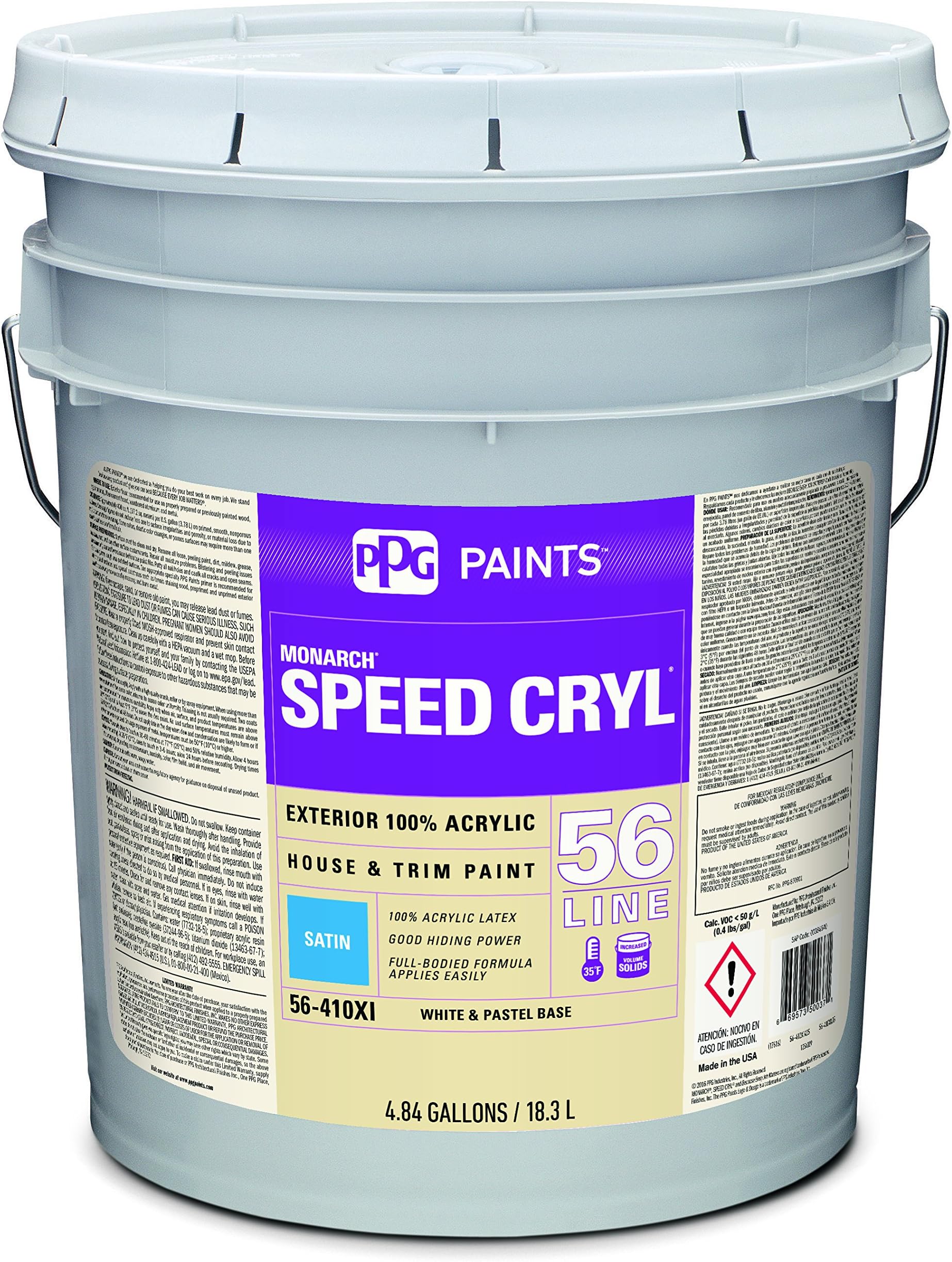 Acrylic Paint, White, Satin, 5 gal, Speed Cryl, Exterior Paint for House and Trim