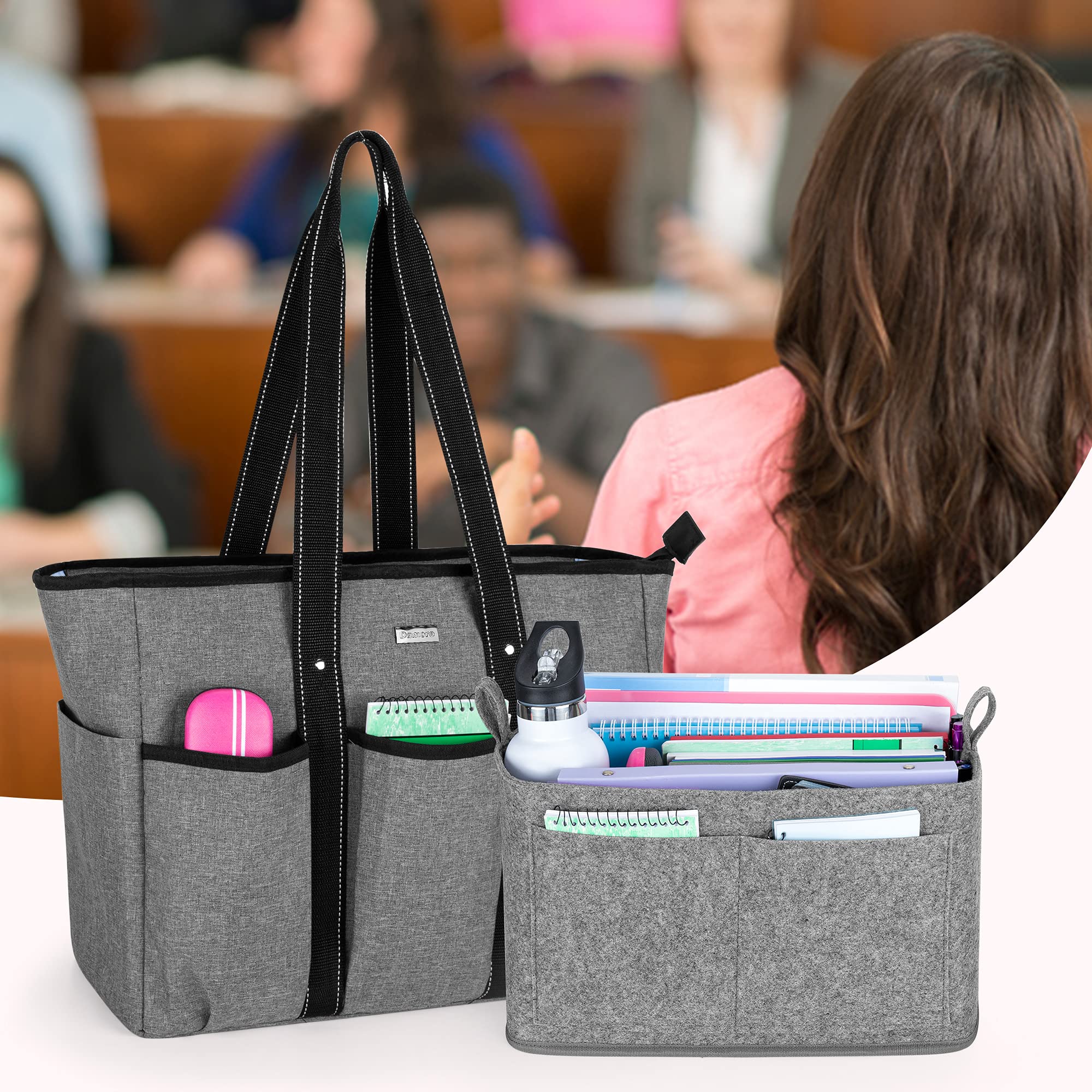 Damero Borse Tote per insegnante con inserire l'organizzatore, Borsetta per insegnante Scuola Lavoro,Grigio