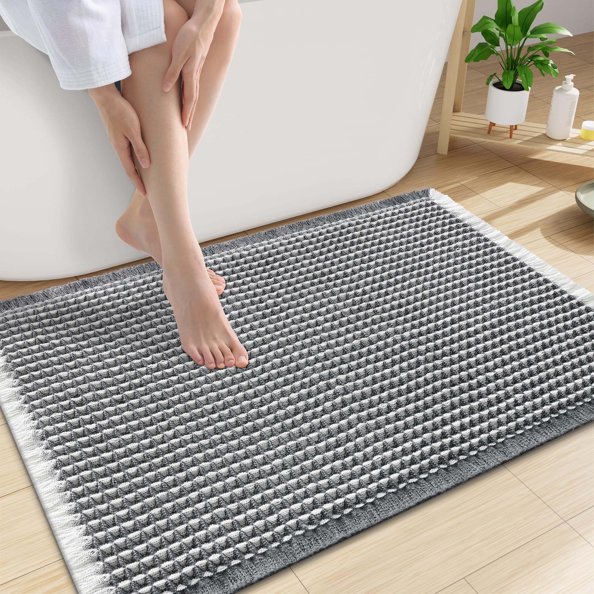 Smiry Waffle Bath Mat 47X32, Soft Absorbent Bathroom Rug, Darkgrey &amp; Cream