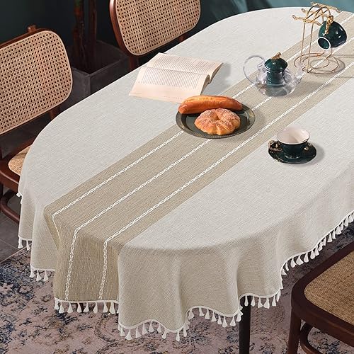 HOMBYS Mantel ovalado bordado sólido con borlas para mesa ovalada, 52 x 70 pulgadas, de encaje, a prueba de polvo, para cocina, comedor, decoración