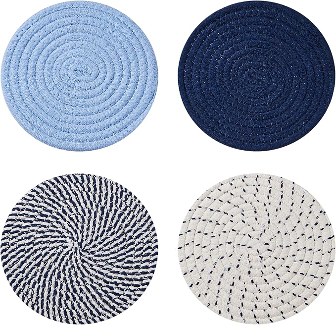8” Blue Trivets for Hot Dishes, Hot pots and Pans, 6 Heat Resistant Hot Pads, Pot Holders for Kitchen, Hot Plate Mats for Kitchen Countertops, Table, Home Essentials Farmhouse Decor (8 in Blue)