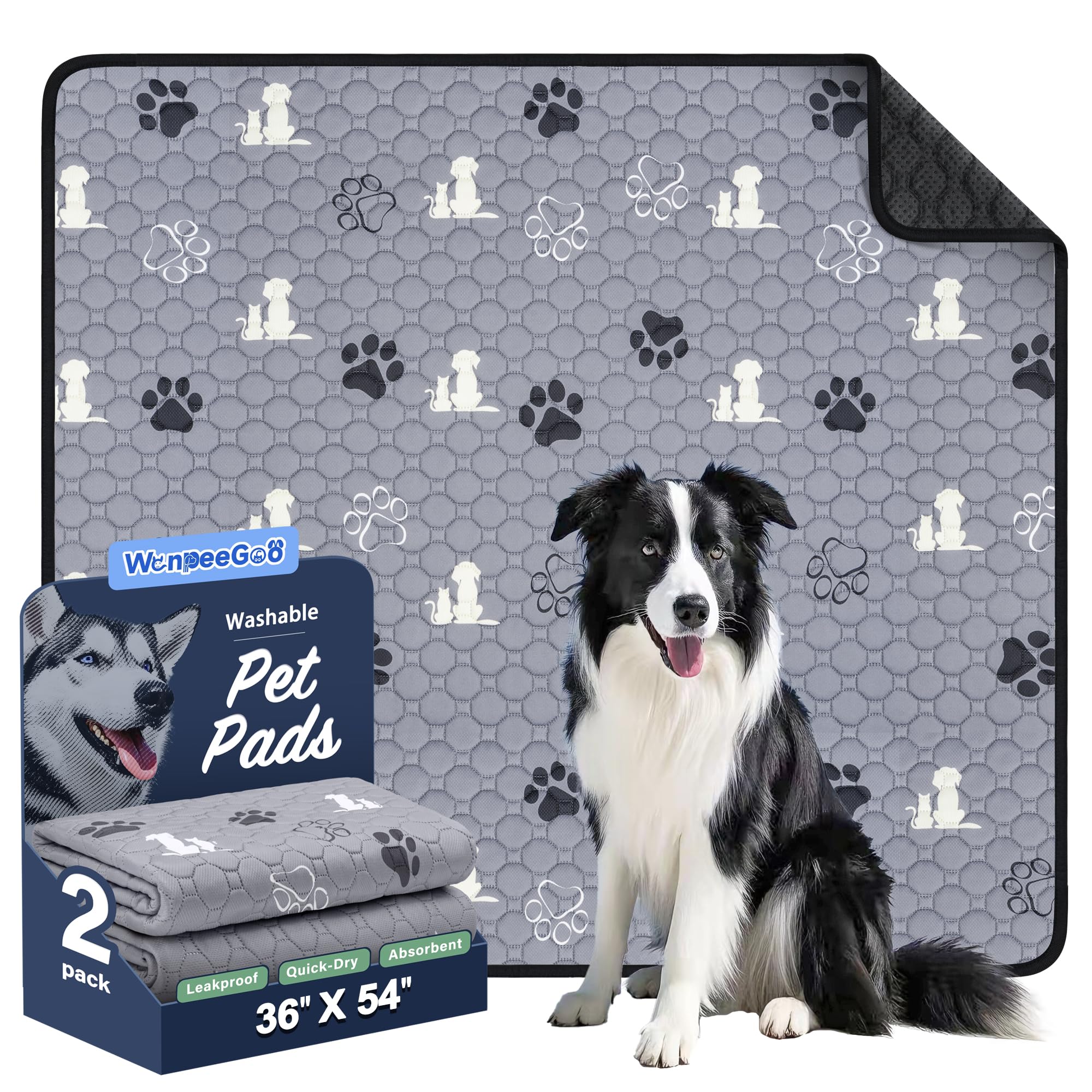 WanpeeGoo Washable Pee Pads for Dogs, 2 Pack Absorbent Reusable Training Dog Pads Pet Puppy Pads, Non-Slip Potty Pads for Whelping, Playpen, Crate, Bed, Gray, 36"x54" — image 1