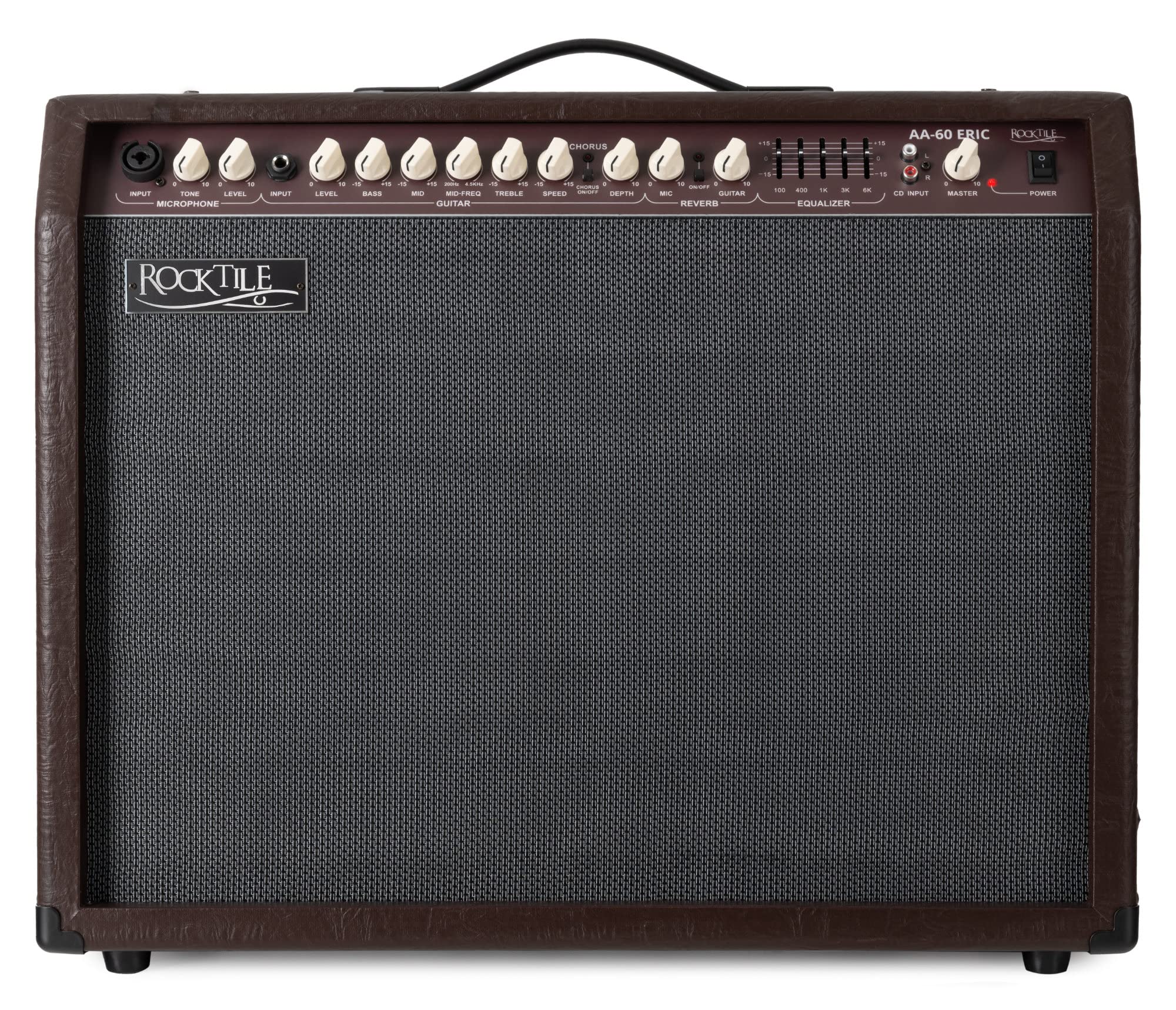 Rocktile AA-60 BN Eric Akustikverstärker - 60 Watt - 2 Kanäle (Mikrofon und Gitarre) - 2X 10 Speaker + 2,5" Hochtöner - AUX-Eingang und Line Out - Chorus- und Hall-Effekt - Braun