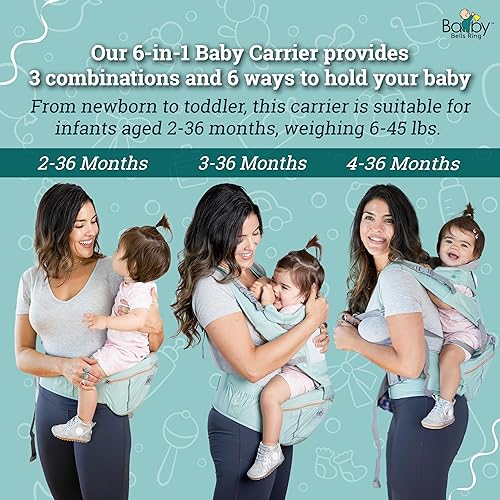 Miniatura 8 de Portabebés - Portabebés ergonómico 6 en 1 con asiento de cadera y gran almacenamiento, posiciones delantera y trasera, cintura ajustable de hasta 43