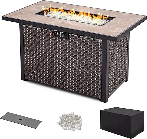 Nuu Garden Mesa para fogata de gas propano de 43 pulgadas, 50,000 BTU, para exteriores, con mesa de cerámica, cubierta Oxford, marrón oscuro y café