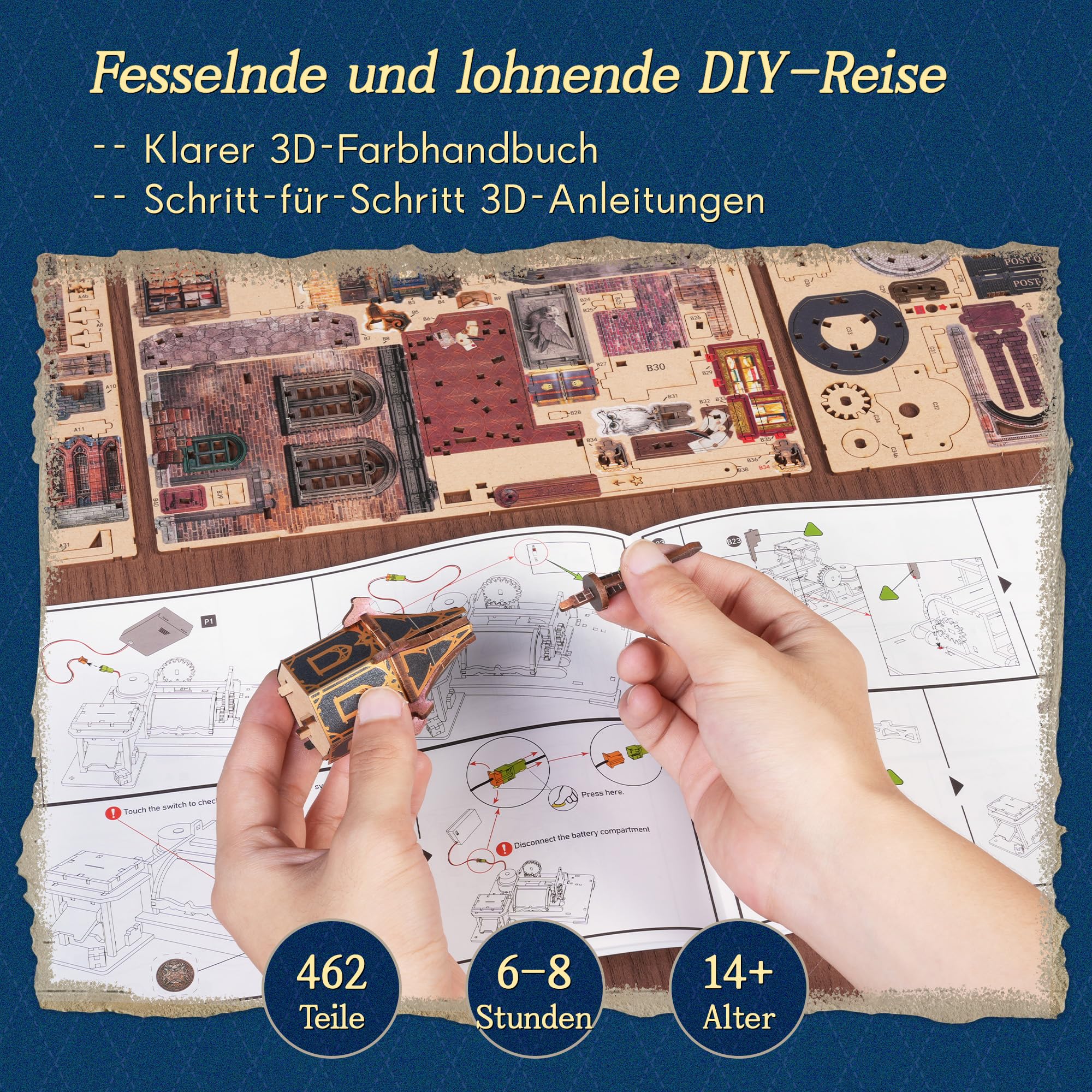 FUNPOLA LED 3D Holzpuzzle Eulen-Postamt – Dynamisches Modell mit mechanischen Zahnrädern, DIY Miniatur-Bausatz mit Musik und LED-Lichtern, Wohnkultur-Geschenk für Erwachsene und Jugendliche