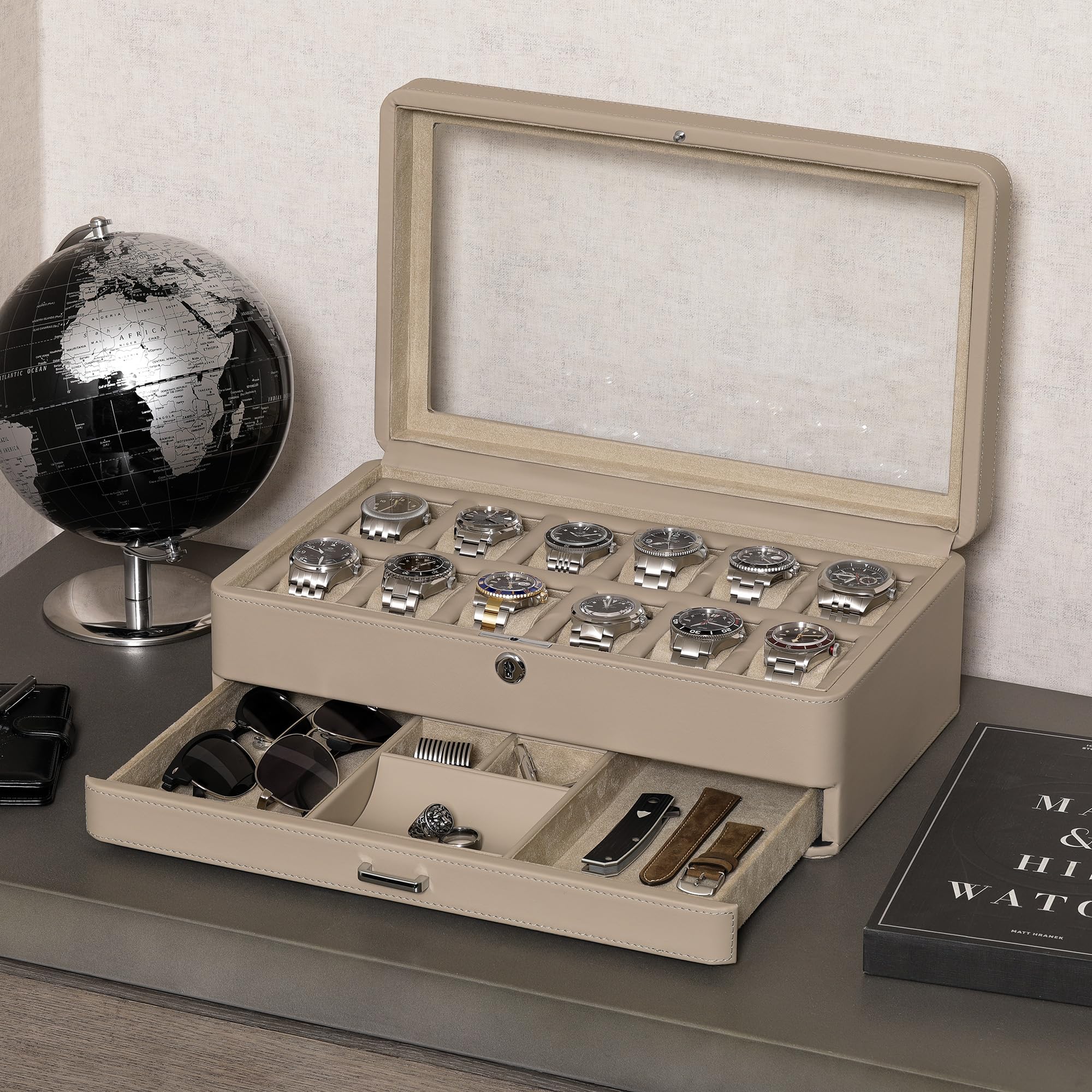 ROTHWELL Luxury Watch Box for 12 Watches – PU Leather Watch Box with Real Glass Lid – Slide out Accessory Drawer with Multiple Compartments (Oatmeal)