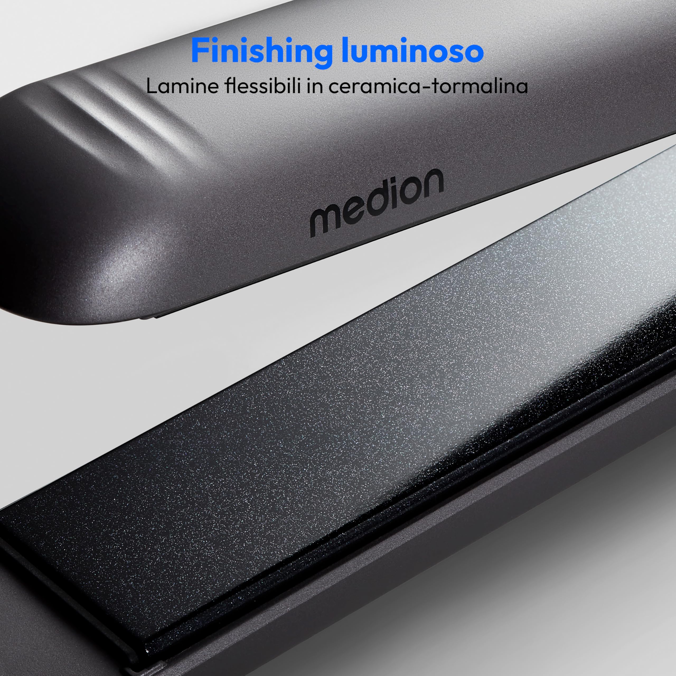MEDION HS1 Piastra con display (5 impostazioni di calore regolabili, piastre riscaldanti flessibili in ceramica/tourmalina con sensore di temperatura, piastra per capelli) grigio