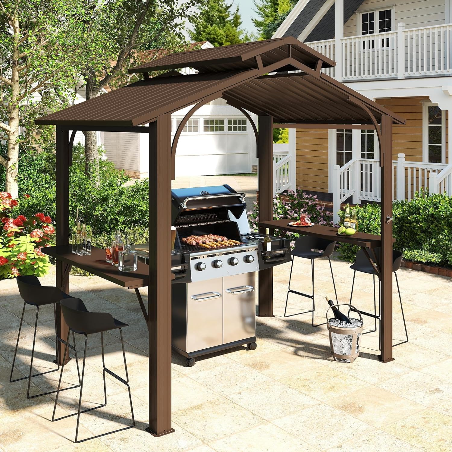 Domi 8x5FT Hardtop Grill Gazebo, Outdoor BBQ Gazebo with 2 Side Shelves and Ceiling Hook, Metal Grill Canopy with Galvanized Steel Double Roof for Patio Lawn Patio Backyard Deck, Brown