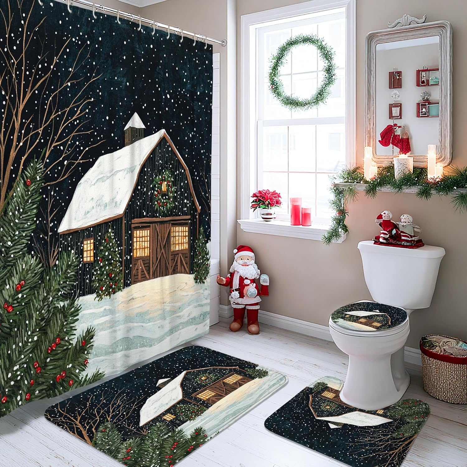 4PCS Winter Farmhouse Christmas Bathroom Sets, Bath with Non-Slip Rug, U Shape Toilet Lid Cover Mat, Country Barn Xmas Landscape Bathroom Decor-72''x72''