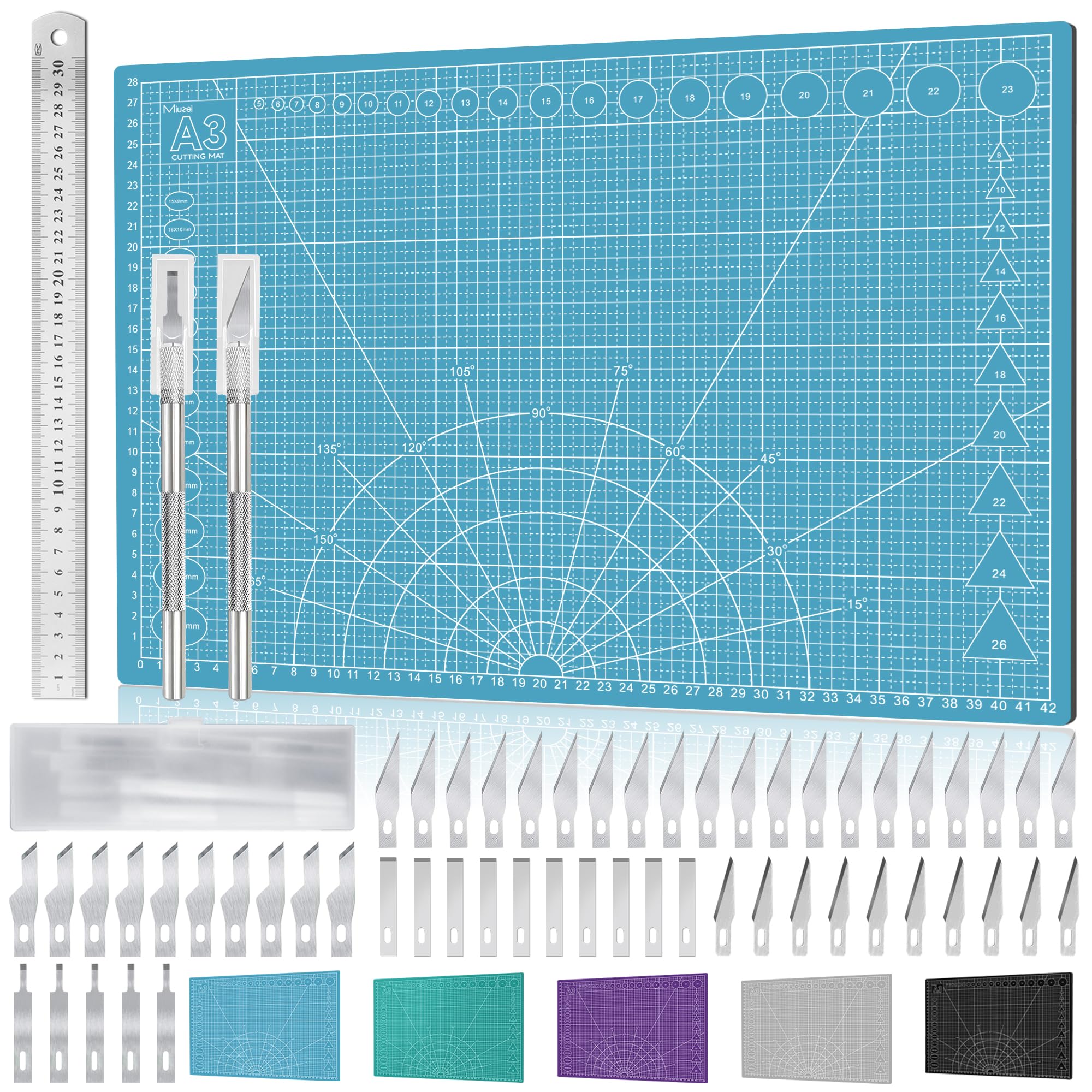 Miuzei Set Tappetini Taglio A3 Auto-cicatrizzante Disegno Cutter Bricolage Azzurro