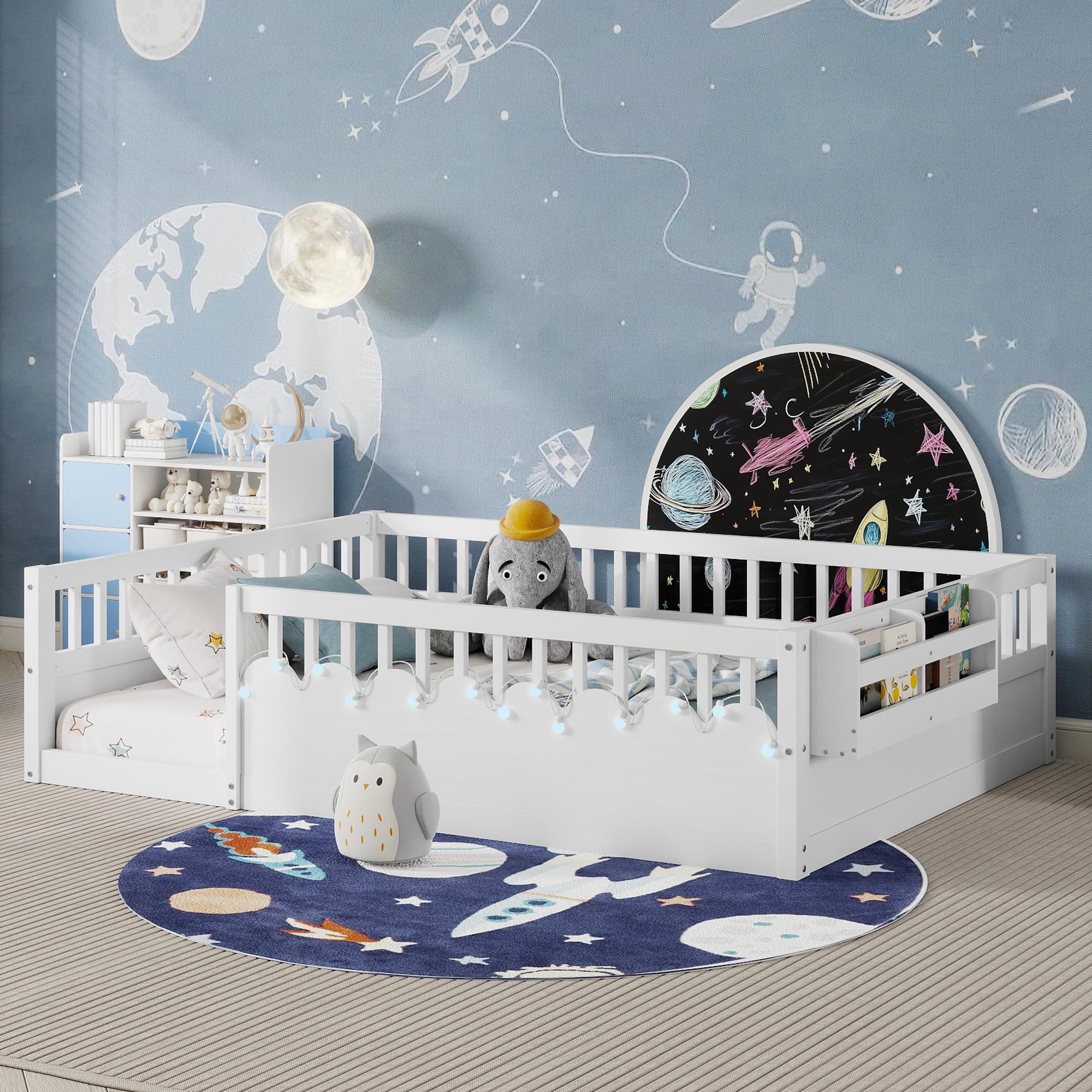 Montessori Floor Bed with High Rails,Full Size Floor Bed Frame for Kids, LED Lights & Storage Shelf, Safe & Wider Opening Gate Design, Playground & Sleep Space for Girls Boys,White