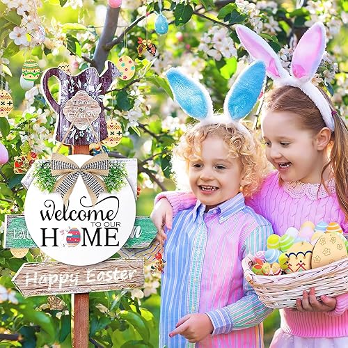 Vista 10 de Letrero de bienvenida de temporada intercambiable, decoración de puerta delantera, corona redonda de madera para exteriores, granja, porche, Marrón