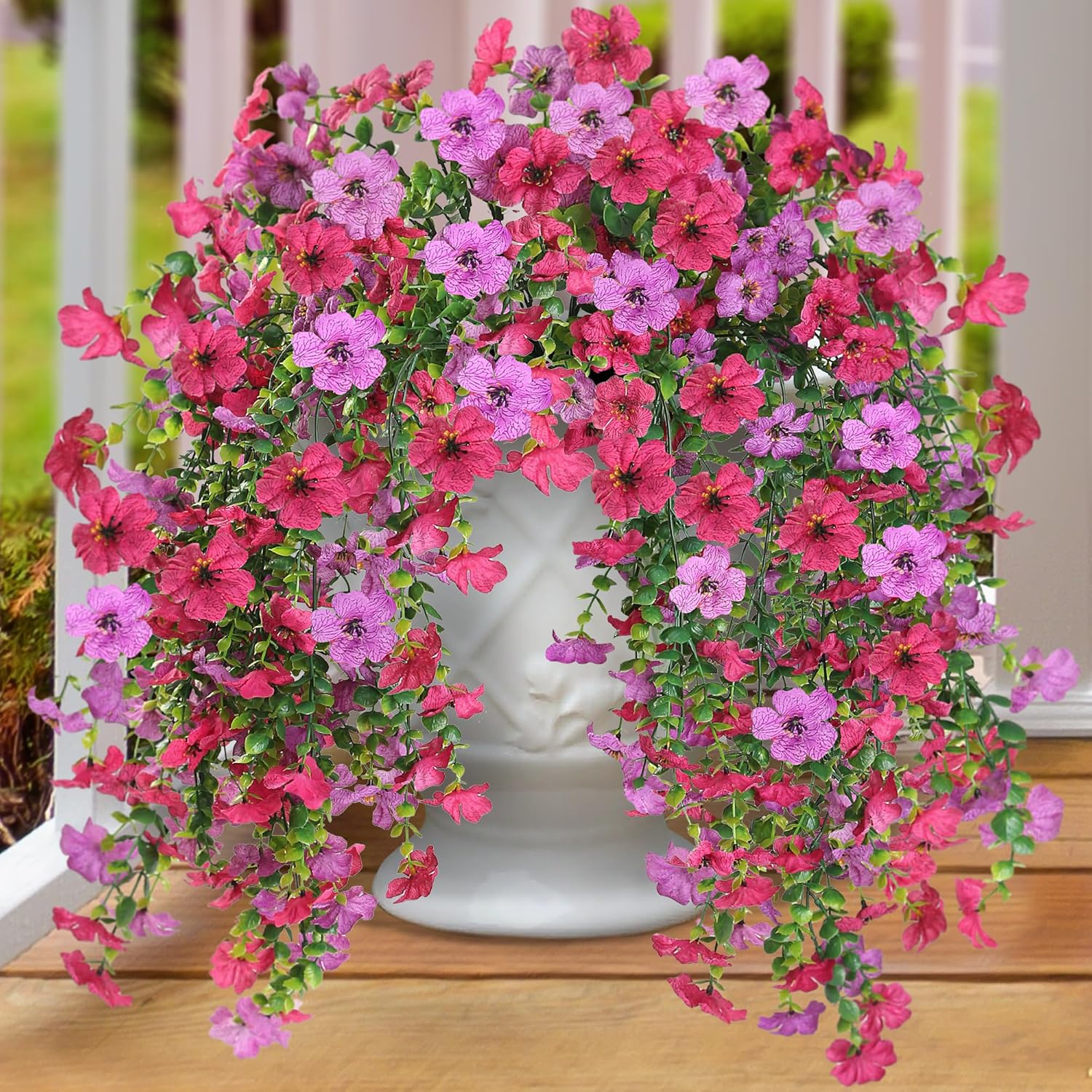 Artificial Fake Hanging Flowers Plants for Outdoor Outside Spring Summer Decoration 2PCS Faux Silk UV Resistant Realistic Mums Daisy with Eucalyptus for Home Porch Patio Balcony(Hot pink & Magenta)