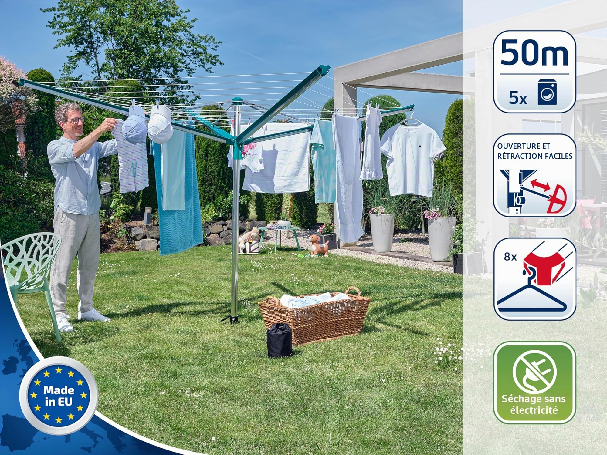 Leifheit Séchoir parapluie Linomatic 500 Deluxe Cover, étendoir parapluie grande surface d'étendage avec douille fixation et housse de protection, séchoir à linge jardin solide et résistant, Easy-lift