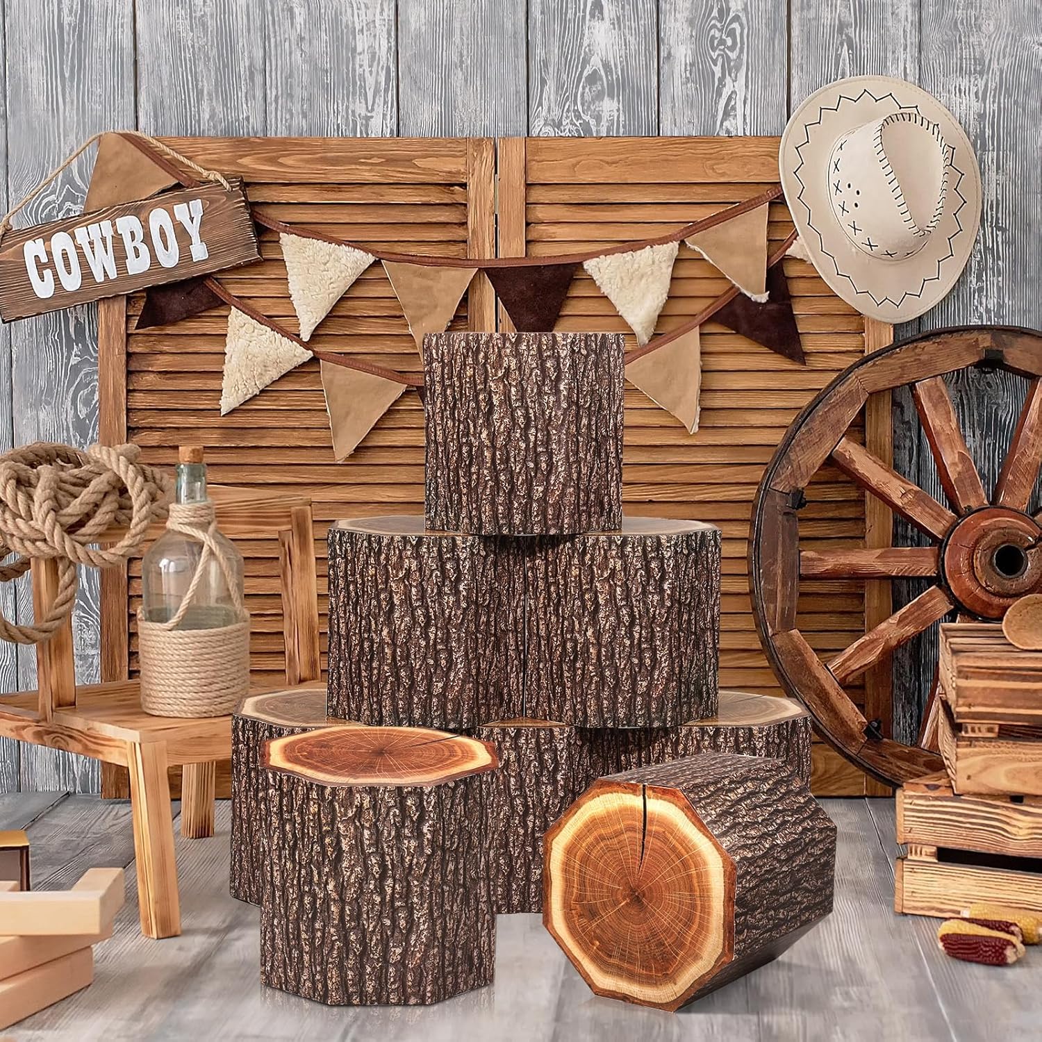 6 Pcs Western Cowboy Party Decorations Wood Grain Tree Stump Shaped Boxes Fake Tree Stump Large Boxes Cow girls Party Centerpieces for Fall Halloween Christmas Wedding Photo Booth Props Decorations