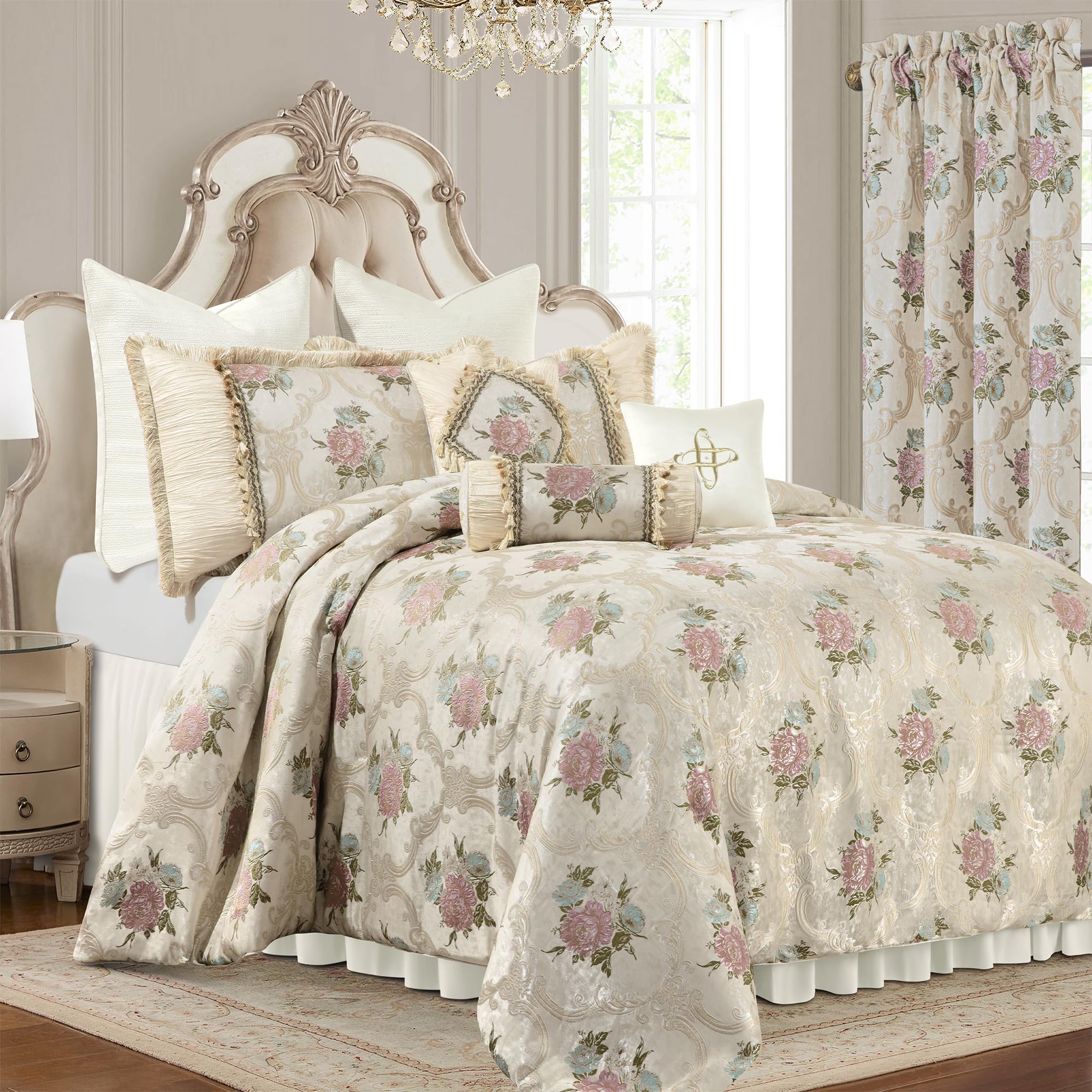 Loom and Mill9-Piece Luxury European Floral Comforter Sets, Romantic French-Style Jacquard Bedding Set Queen Size with Euro Shams, Bedskirt, Filled Decorative Pillow for Home(Pearly Beige,Queen)