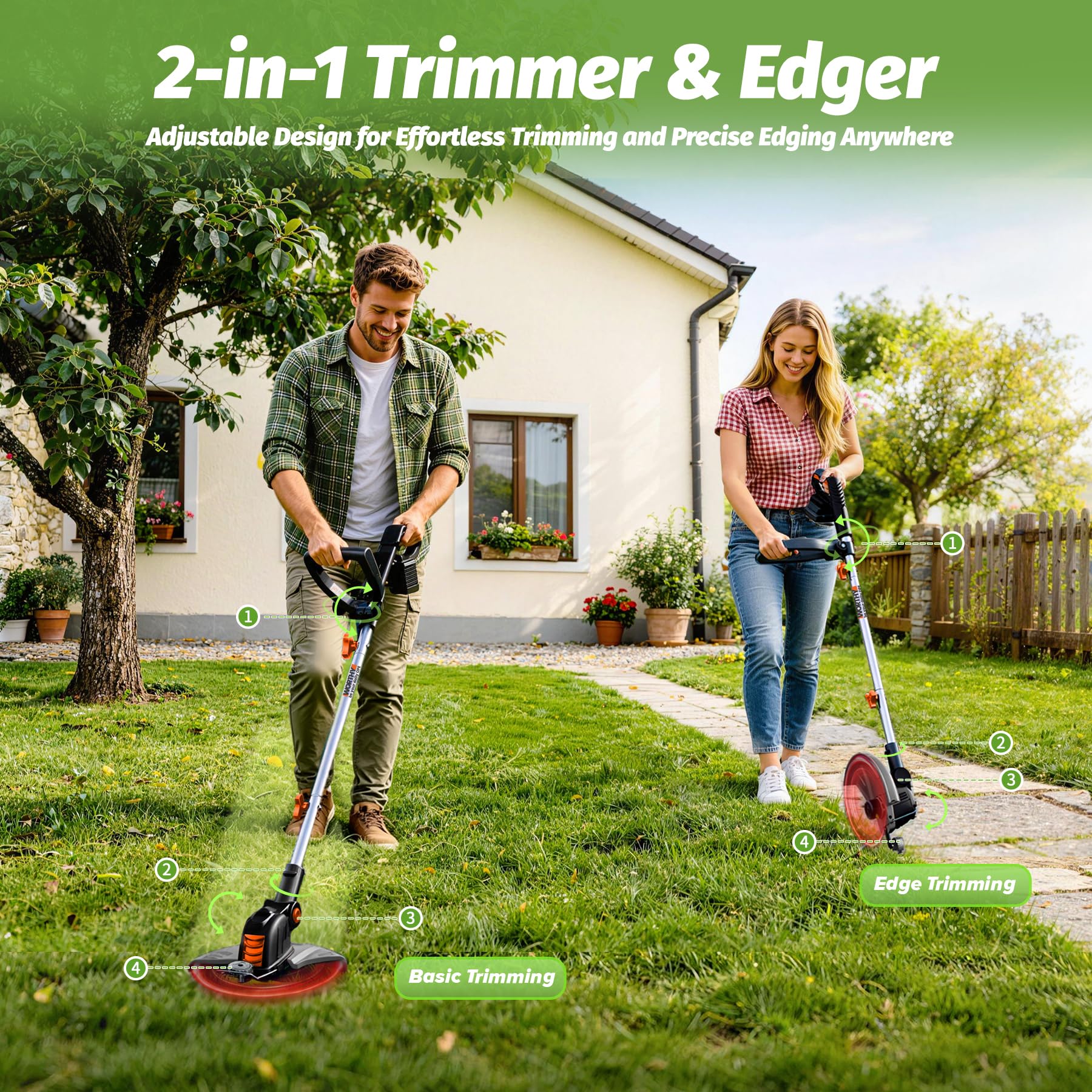 Weed Wacker Weed Eater de 4000 mAh: bordeadora eléctrica inalámbrica de 21 V y recortadora de cuerdas, herramienta de césped 2 en 1, funciona con pilas, cortador de césped de 12 pulgadas con 2