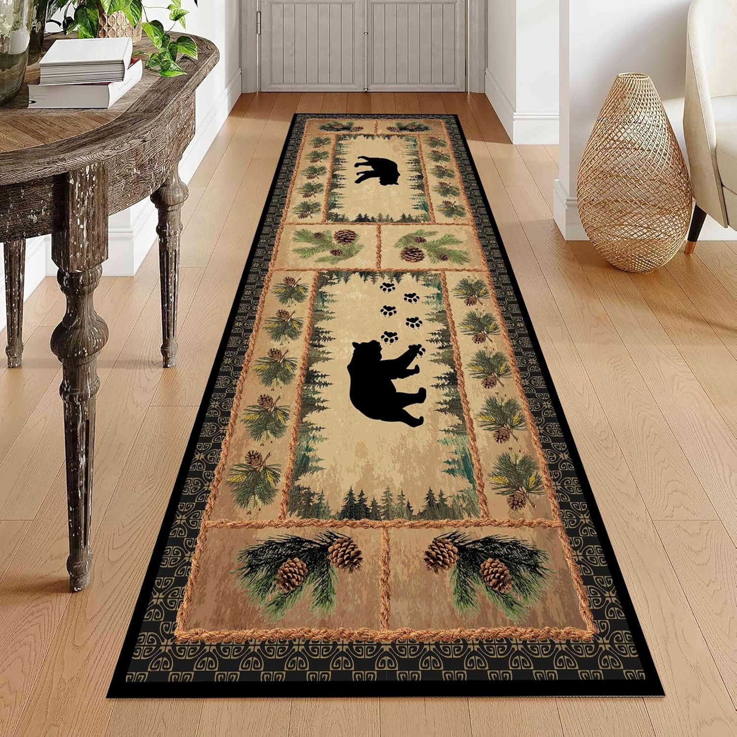 Animal Runner Hallway Rug, 2x6ft Pine Cone Long Hallway Runner Rug, Washable Kitchen Black Bear Runner Rug, Non Slip with Rubber Backing Bedroom Rug for Living Room Bathroom Runner Rug