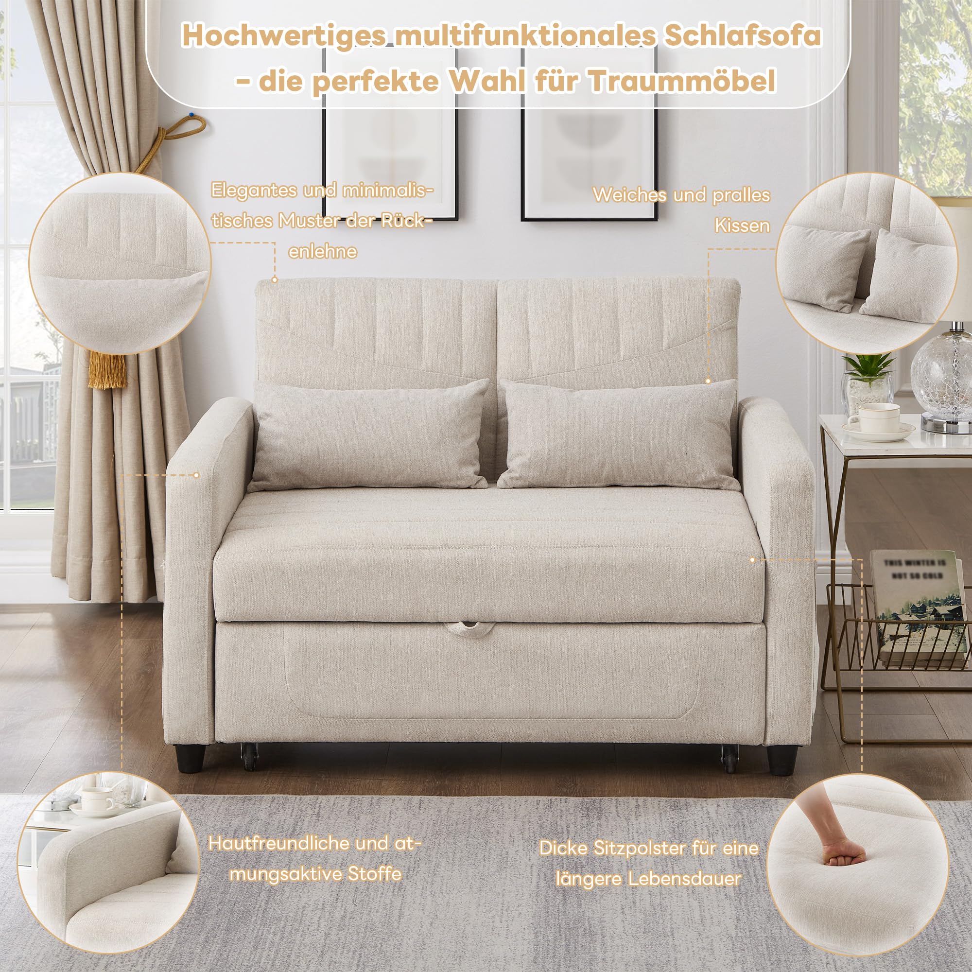 Sofá de dos plazas con función de dormir, sofá plegable con respaldo ajustable, sofá cama extensible, sofá cama con cajón, sofás pequeños para habitaciones pequeñas, 114 x 77 cm, beige