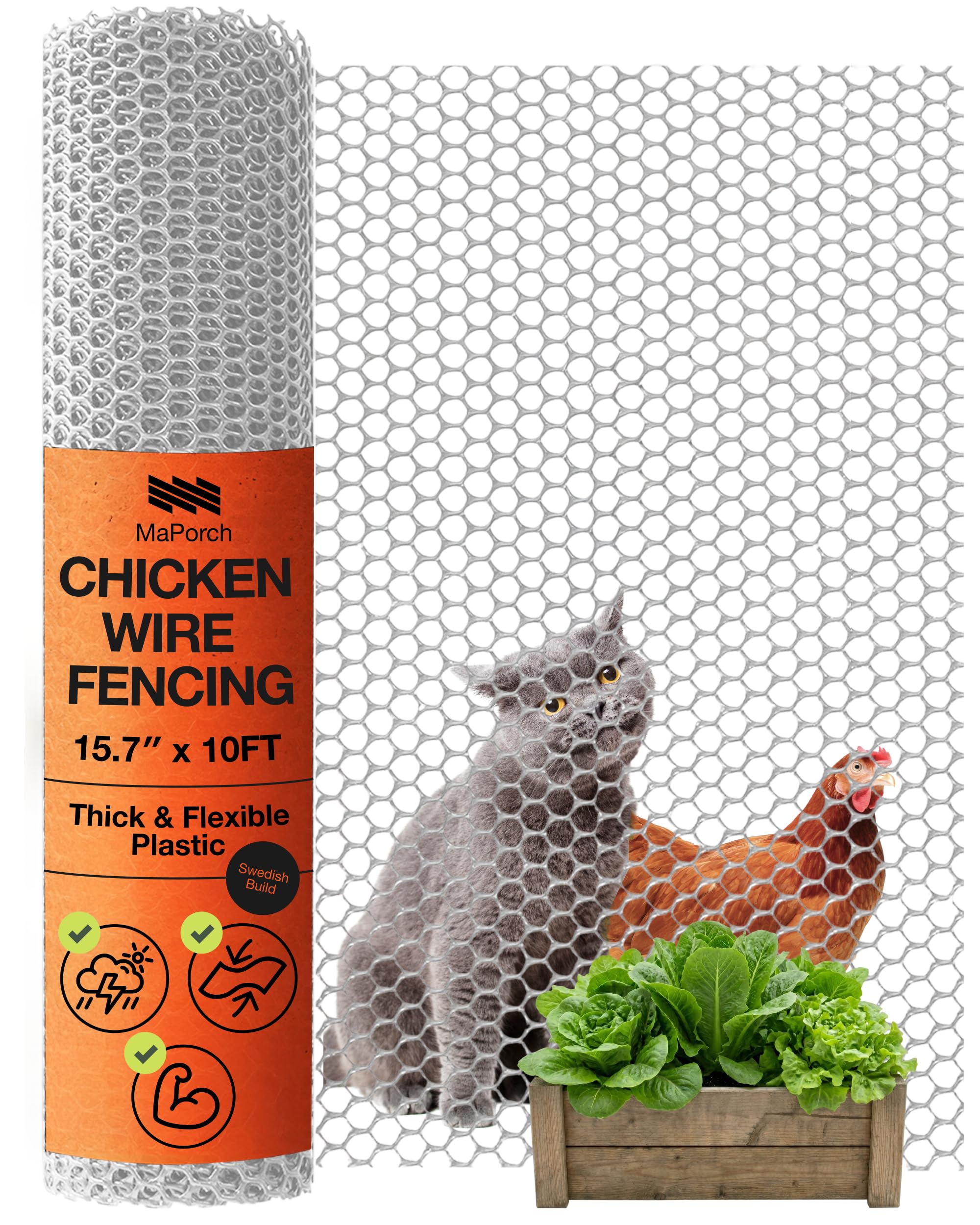 maporch plastic wire mesh fence - white mesh, 15.7 in x 10 ft - quick-install chicken wire fencing - plant protectors from animals - weather-resistant garden netting - pet barrier & poultry netting