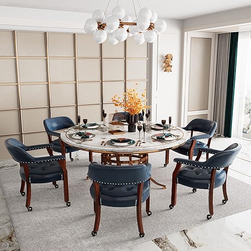 Miniatura 72 de Juego de 4 sillas de cuero de comedor con ruedas y brazos, silla de capitán Accent con ruedas, sillas de madera con ruedas enrollables para cocina y