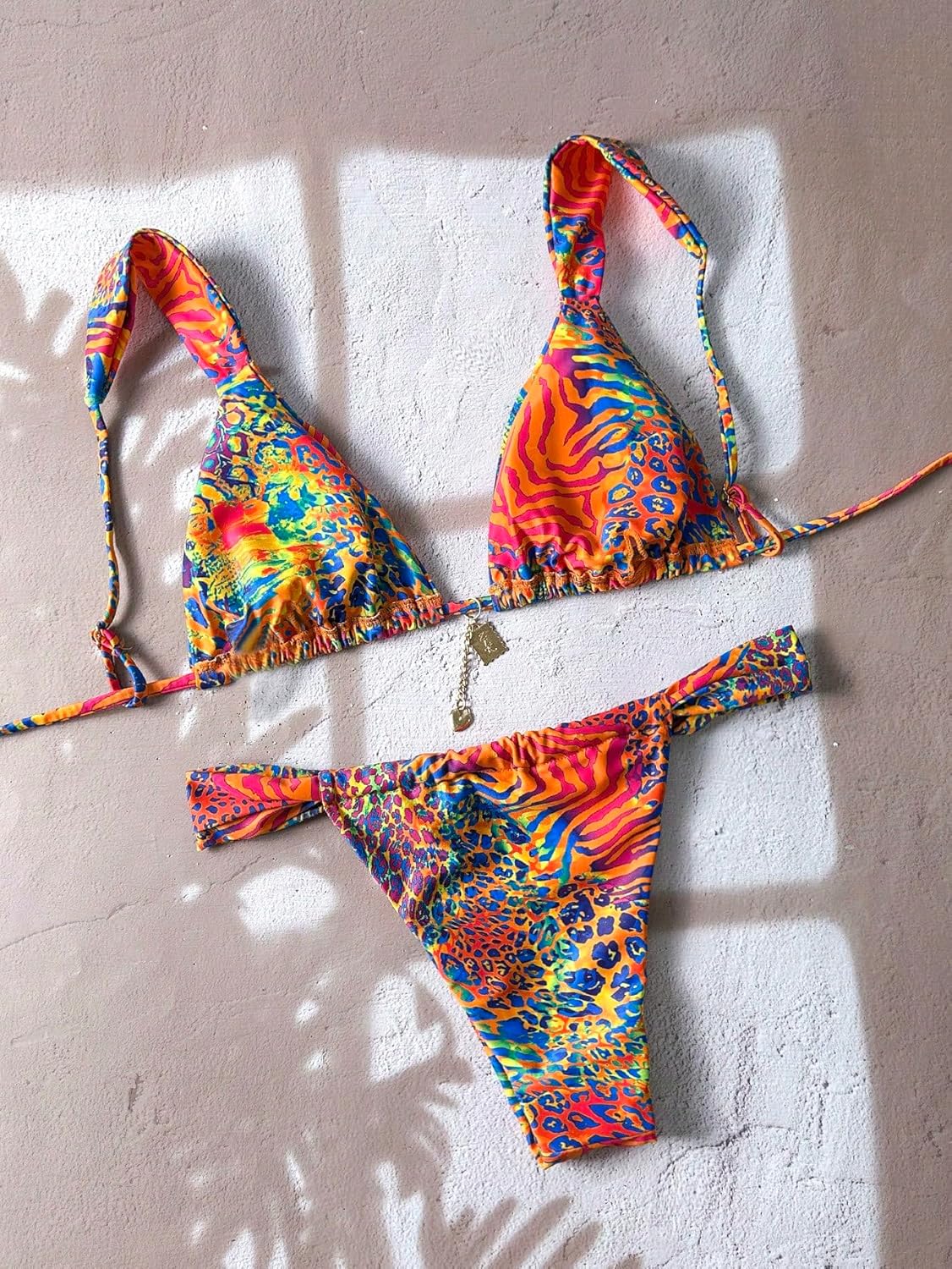 MakeMeChic Women's Tropical Boho Triangle Thong Bikini Sets Zebra Cheetah Bathing Suit Swimsuits