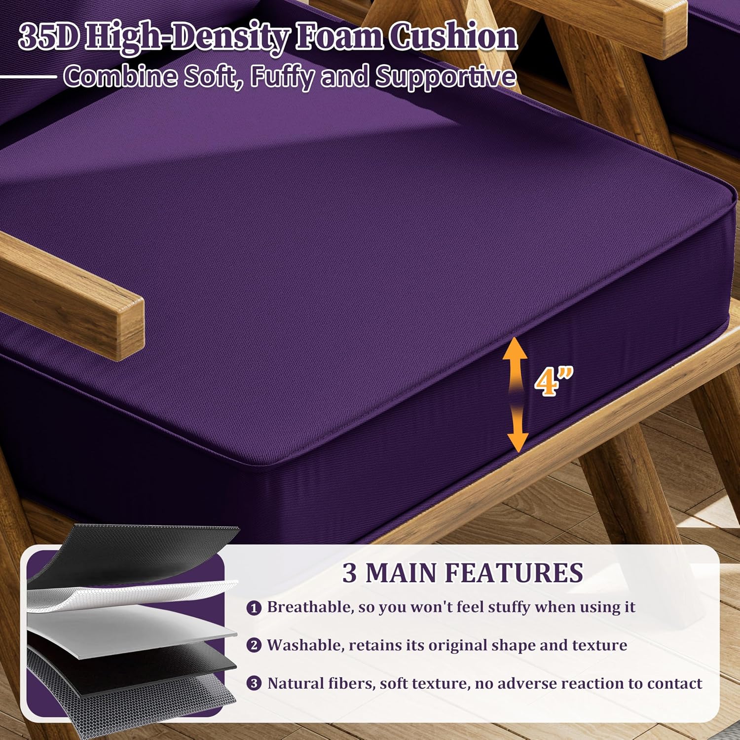 Outdoor Seat Cushion Set 22 L × 22 W × 4 H Inch Waterproof & Fade Resistant Patio Furniture Cushions with Removable Cover with Handle and Straps for Sofa Chairs, Chairs, Purple