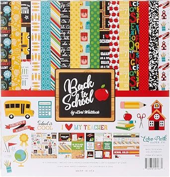 Echo Park Paper Company Back to School Collection Kit paper, 2-x-2, Blue/Black/Red/Green/Yellow, 12-x-12"