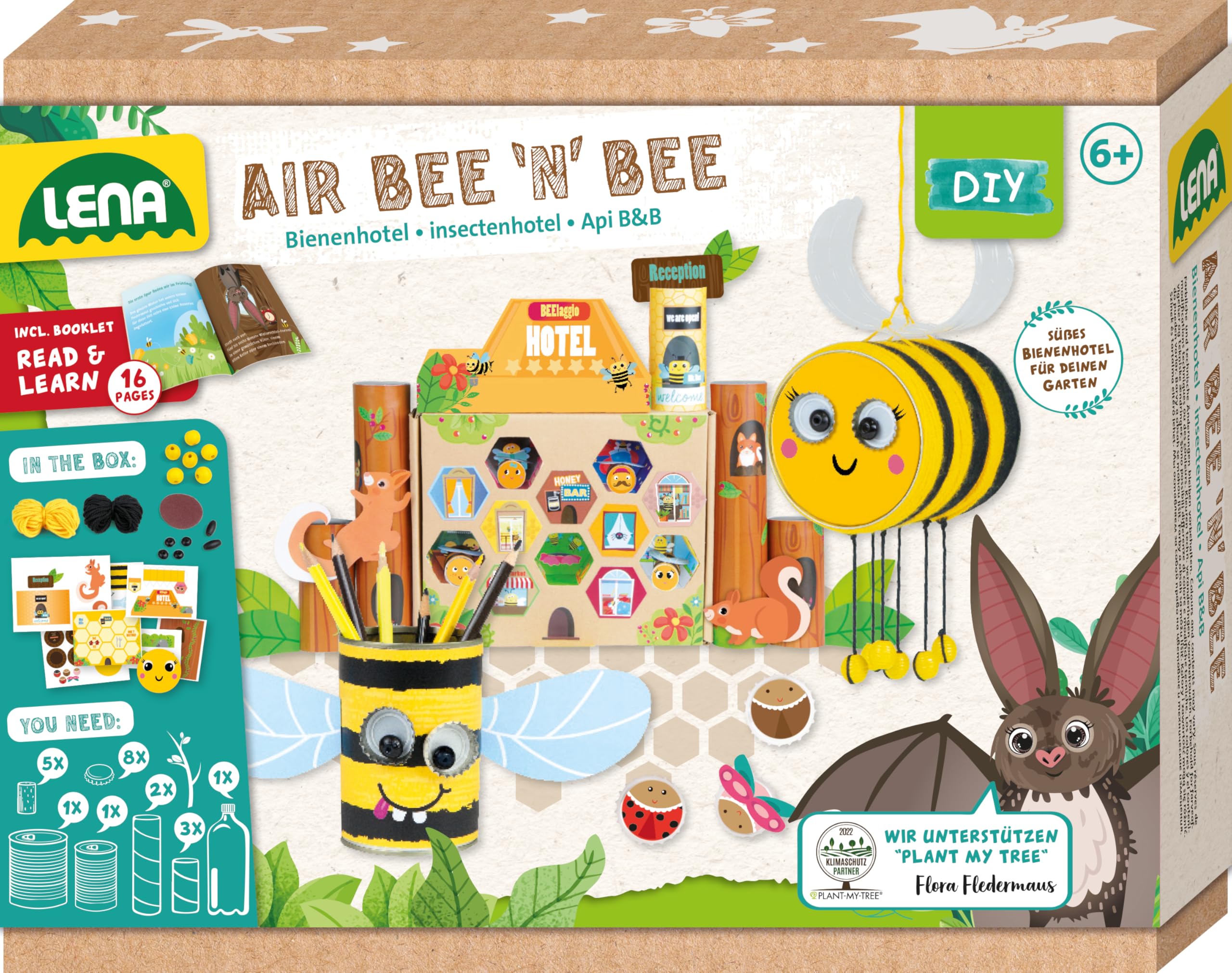 Lena - 42832 Bastelset Air Bee'n'Bee, Set mit Biene, Stifthalter und Insektenhotel aus Papierbögen Haushaltsgegenständen, Klebeset für Jungen Mädchen, Papierbasteln Kinder, Mittel