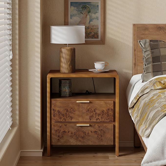 COZAYH Farmhouse Nightstand with Charging Station, Wood Side Table with Power Outlet and USB & Type C Ports, Burl Finish Bedside Table for Bedroom, Fully Assembled, Rustic, Brown