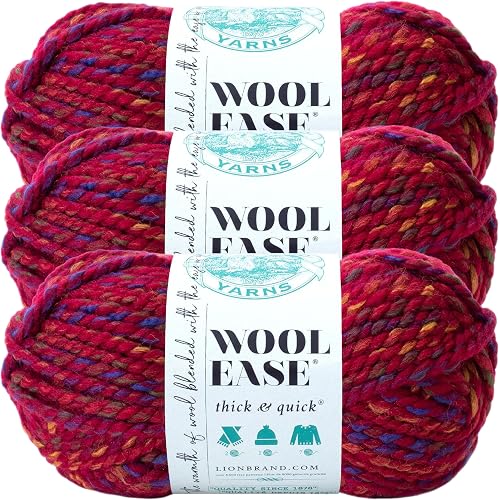 Lion Brand Yarn, Wool-Ease Thick & Quick Yarn, Campfire Red Stripes, 3 Pack | Super Bulky Wool Acrylic Blend Fiber for Soft Hats, Sweaters, Chunky Blankets, Yarn for Crochet, Knitting, Crafts, Weaving