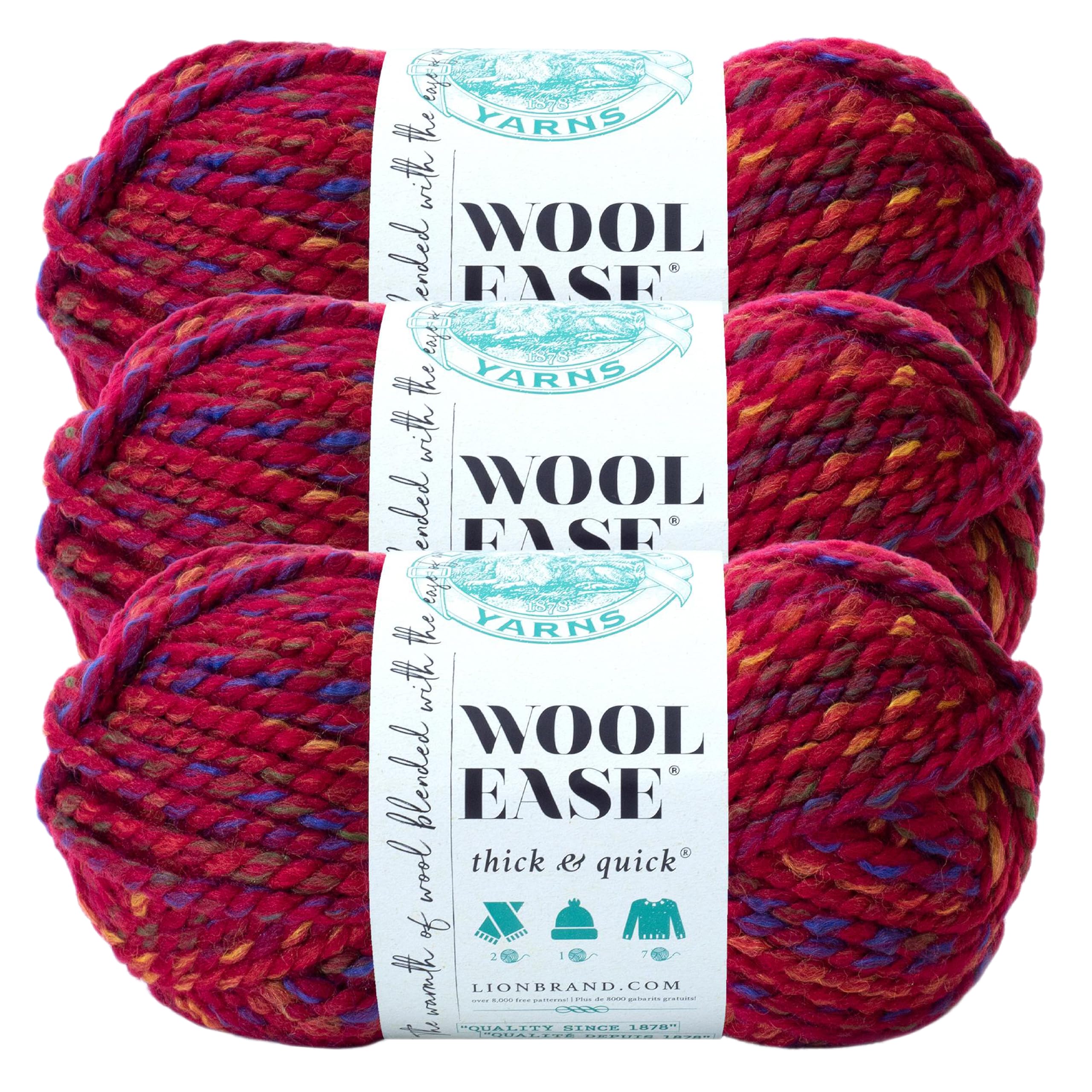 Lion Brand Yarn, Wool-Ease Thick &amp; Quick Yarn, Campfire Red Stripes, 3 Pack