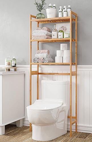 Miniatura 9 de AMBIRD Almacenamiento sobre el inodoro, organizador de baño de 3 niveles sobre el inodoro con estantes de bambú resistentes, estante de inodoro