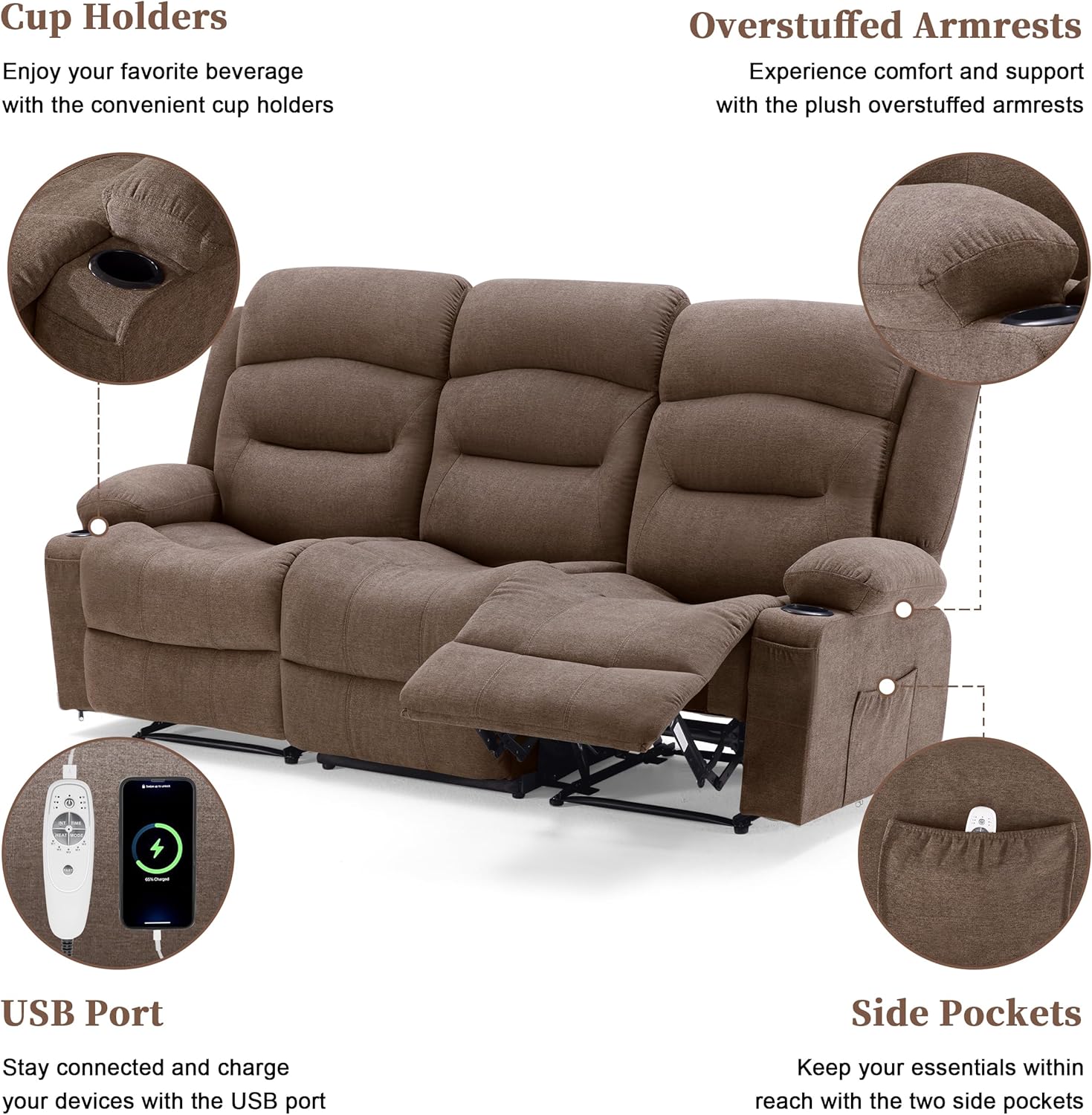Close-up of the sofa showing cup holders, overstuffed armrests, a USB port with a phone charging, and side pockets.
