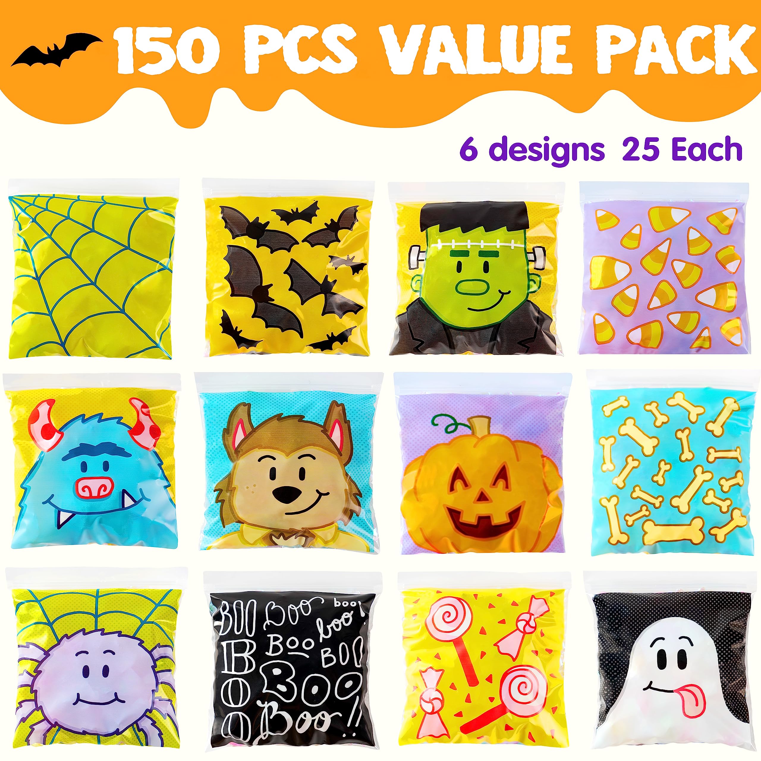 JOYIN 150 Stück Halloween-Zellophantüten, kleine Süßigkeitentüten, Halloween-Geschenktüten für Süßigkeiten oder Süßigkeiten, kleine Druckverschlussbeutel für Halloween-Partyzubehör