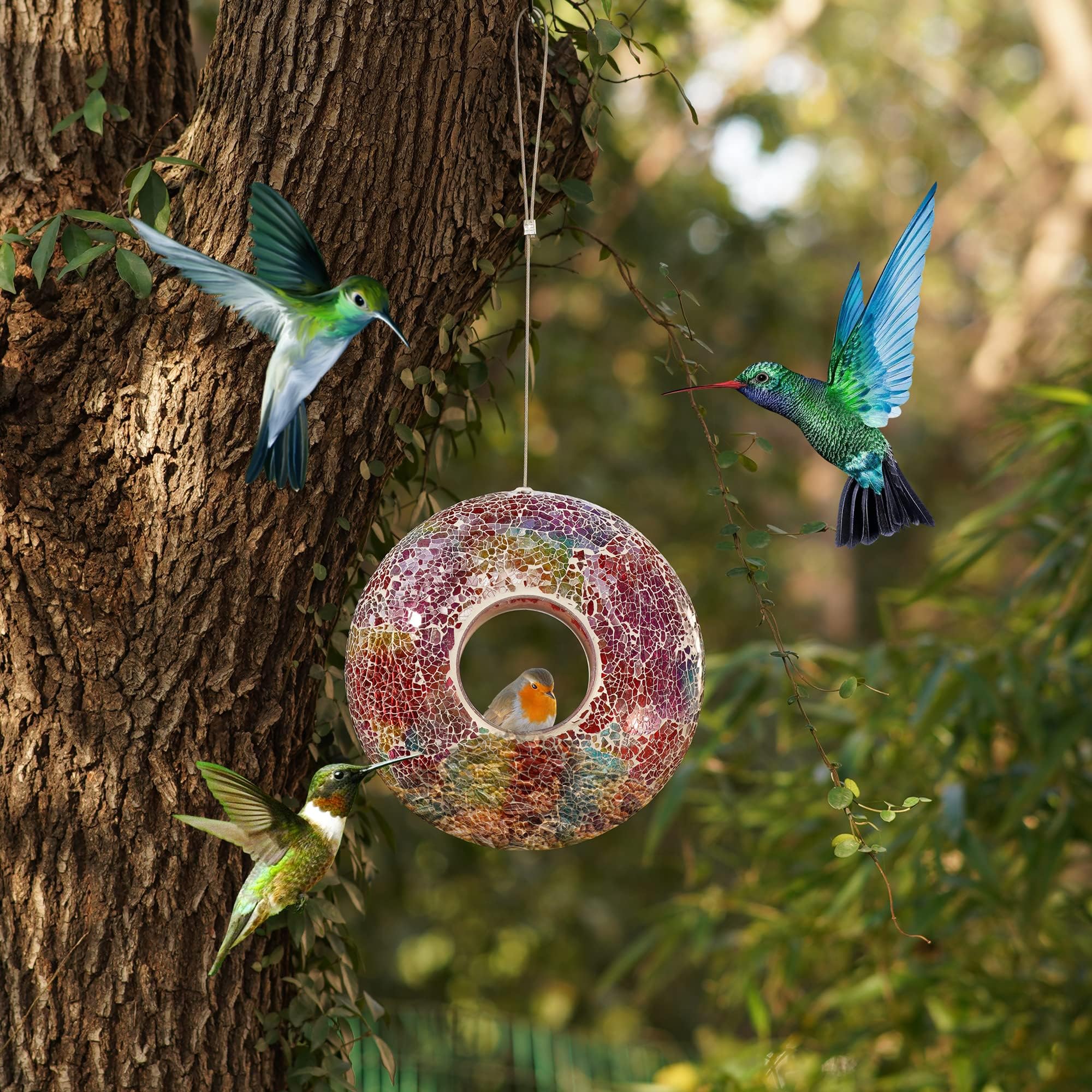 Vogelfutterstation Aus Glas Mit Mosaik – Eichhörnchensicher, Zum Aufhängen, In Blau & Grün