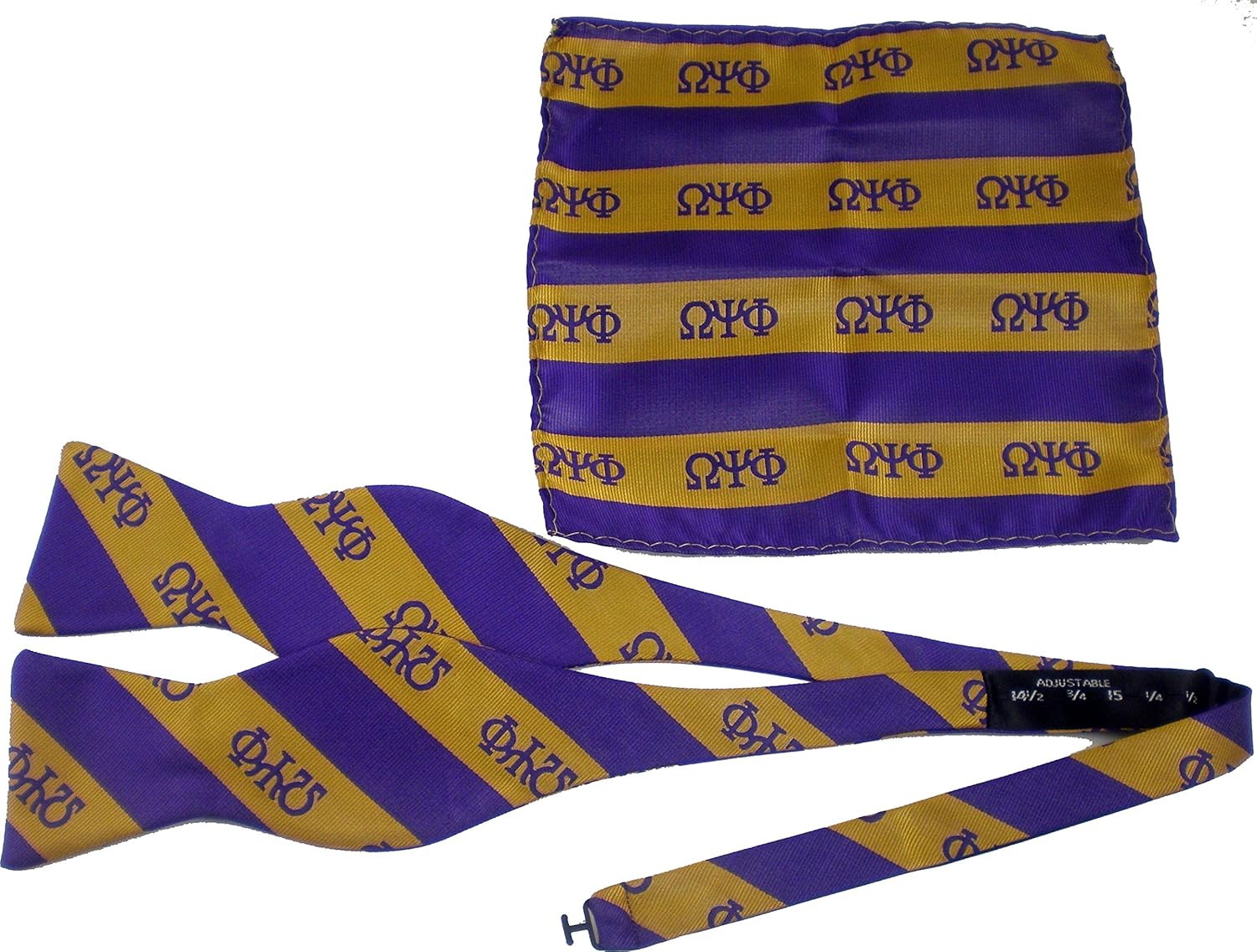 Omega Psi/Ψ Phi Striped Mens Bow Tie & Handkerchief Set [Purple/Gold] - ID#138656