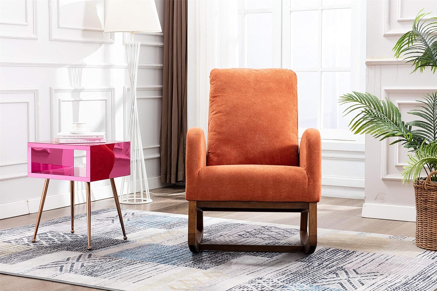 Modern Rocking Chair Recliner with Wood Legs & Side Pocket, High-Back Glider Armchair for Nursery, Living Room, Bedroom - Coffee Linen Fabric, Comfort Design & 20-Min Assembly (Orange)