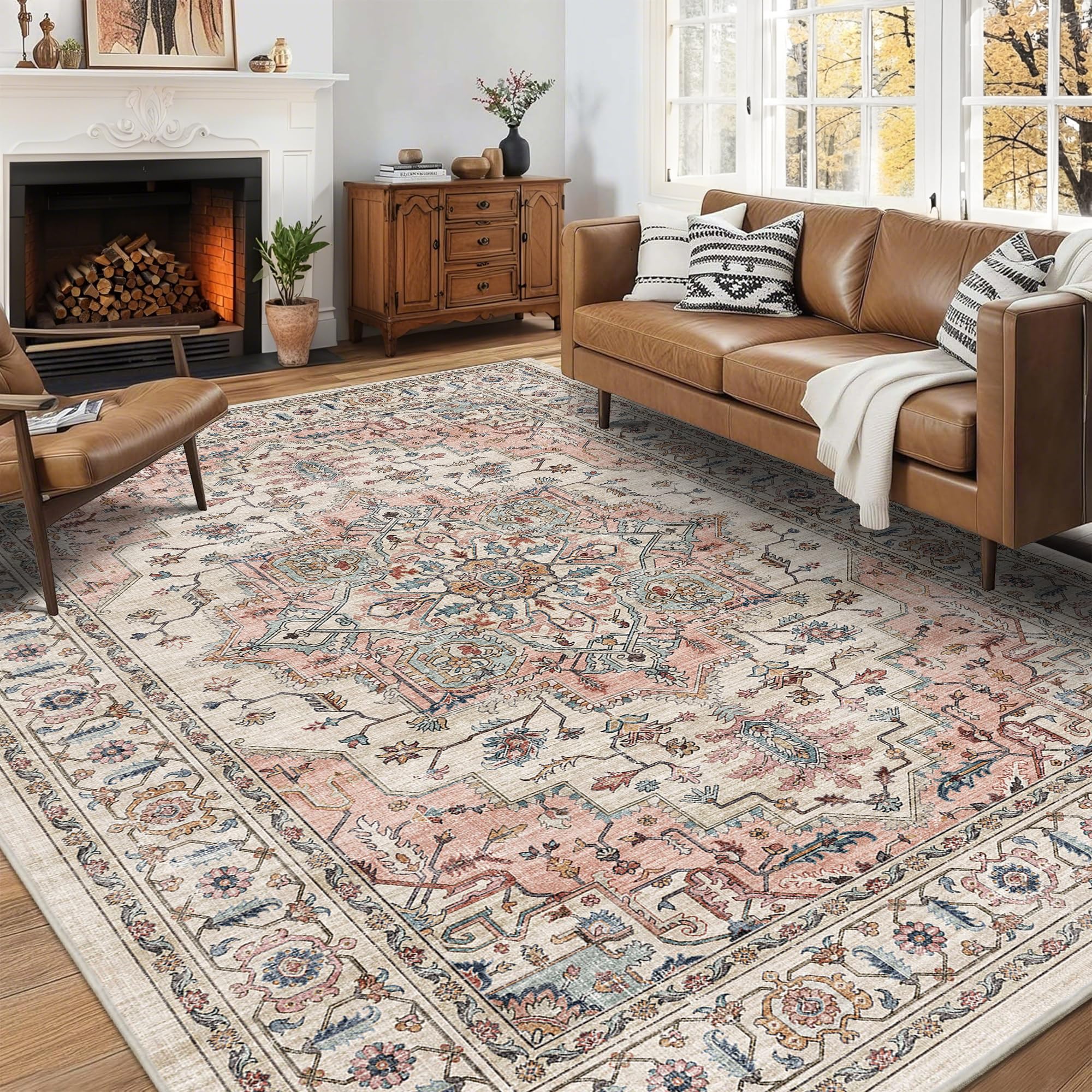 5x7 Area Rugs for Living Room Ultra-Soft Washable Rug Vintage Distressed Boho Area Rug, Non-Slip Retro Print Low Pile Stain Resistant Carpet for Bedroom Dining Room Kitchen Office